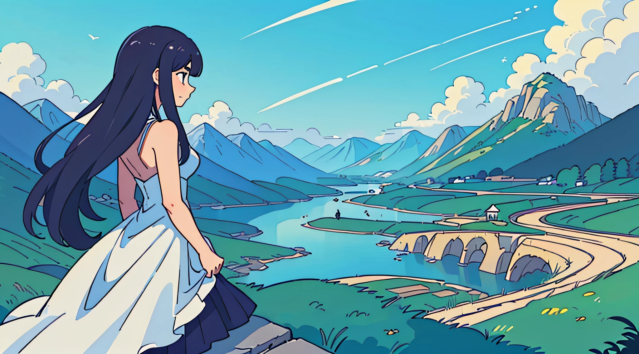 (melhor qualidade: 0.8), (melhor qualidade: 0.8), Perfect anime illustration, a beautiful woman standing on her back looking at a beautiful landscape behind her