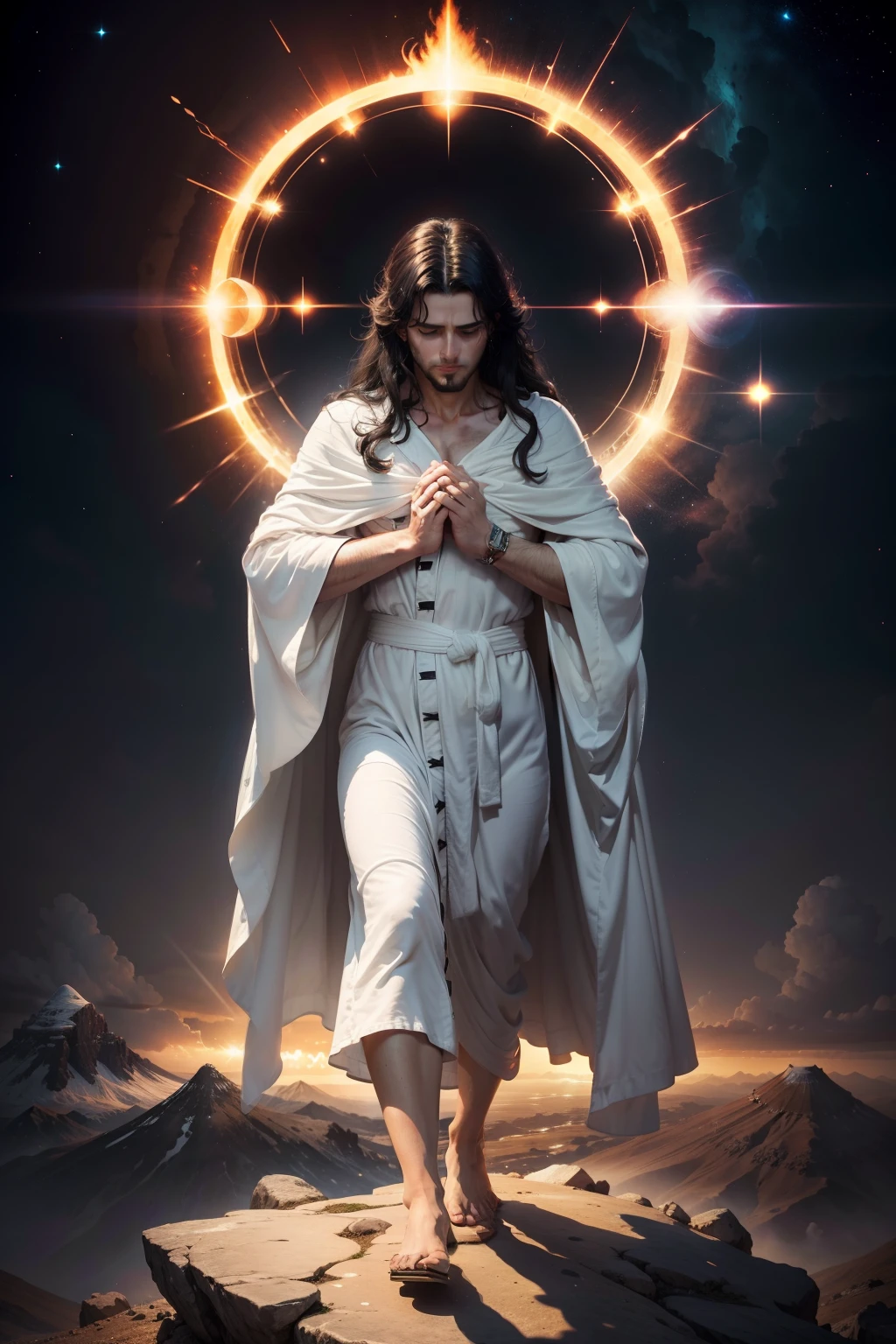1 man in a robe white robe big dark hair standing on Mount Ararat weeping and praying and the light of the illuminating, 4k realista
