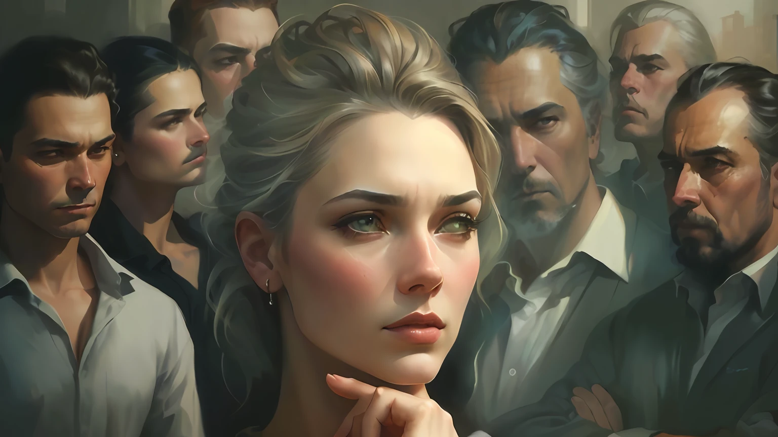 a painting of a woman standing in front of a group of men, dramatic artwork, dramatic illustration, arte linda, obras de arte impressionantes, Martin Ansin, Retrato da obra, awesome art, pintura ilustrativa realista, arte de fundo, closeup retrato da cena do filme, pintura detalhada 4K, inspirado em Art Frahm, arte conceitual emocional, tom bagshaw weta studio, arte deslumbrante, Closeup da arte do personagem
