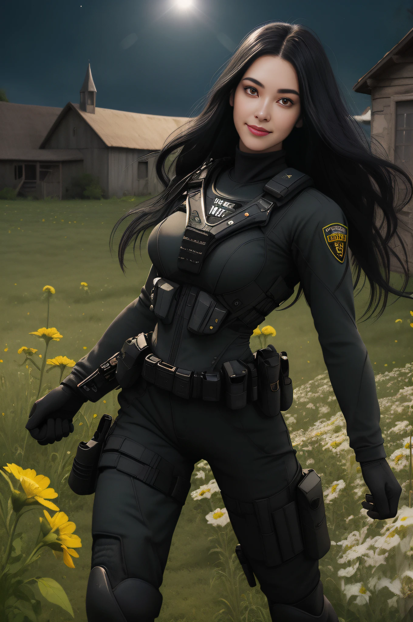 Surreal female SWAT,An affectionate smile,Close-up of melon seeds' face,Long black hair fills the light,Highlight face detail,Meadow river at night,Fighting posture(high light),Full body photo(Real Human)Natural realism,Black police uniform,Fill your face light,Villas,fresh flowers,A high resolution。