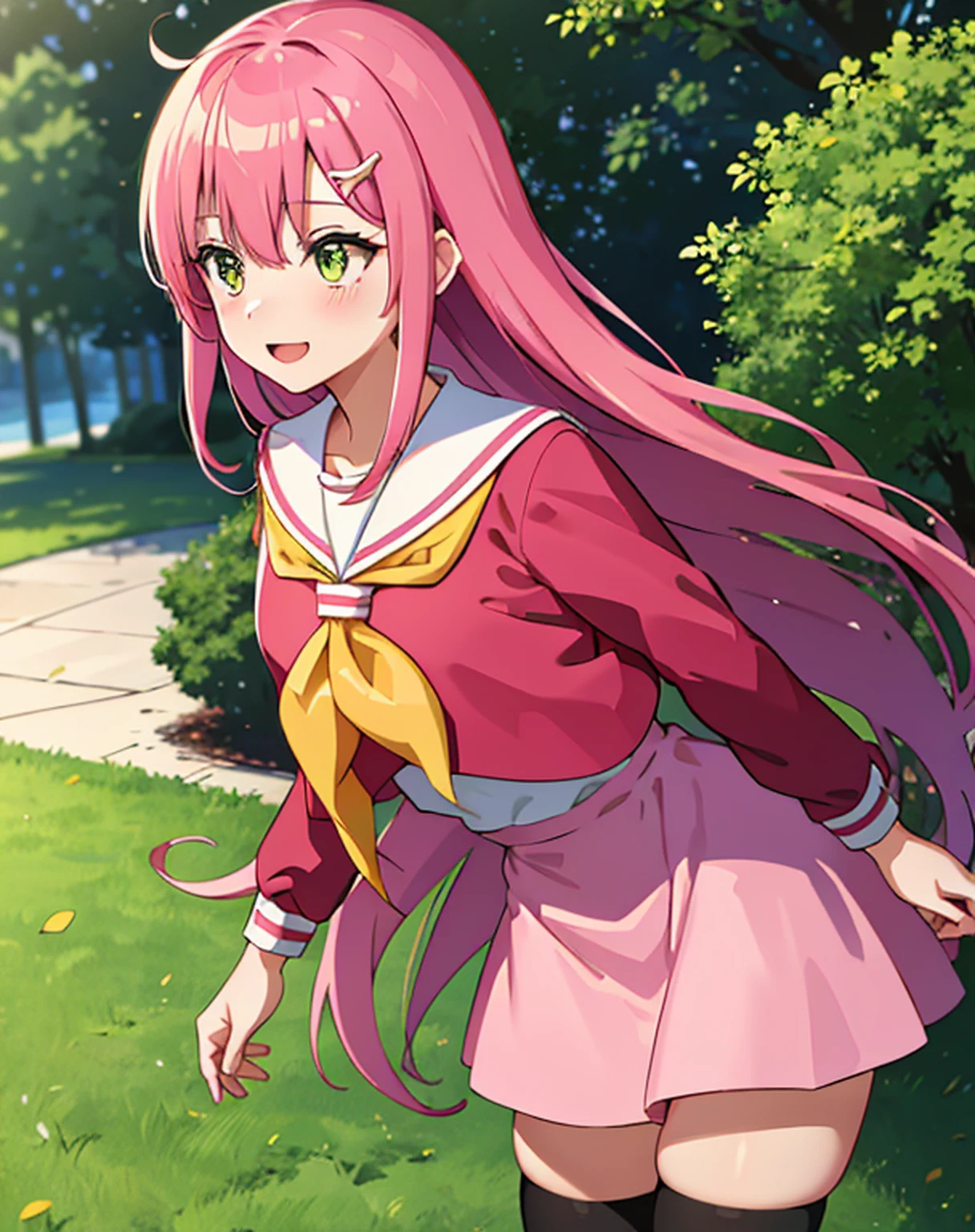 masterpiece, best quality, 1 girl, hinagiku katsura, pink hair, green eyes, very long hair, straight hair, hair between eyes, hair ornament, hakuo school uniform, sailor collar, serafuku, red shirt, pink skirt, yellow neckerchief, long sleeves, black thighhighs, anime screencap, cowboy shot,