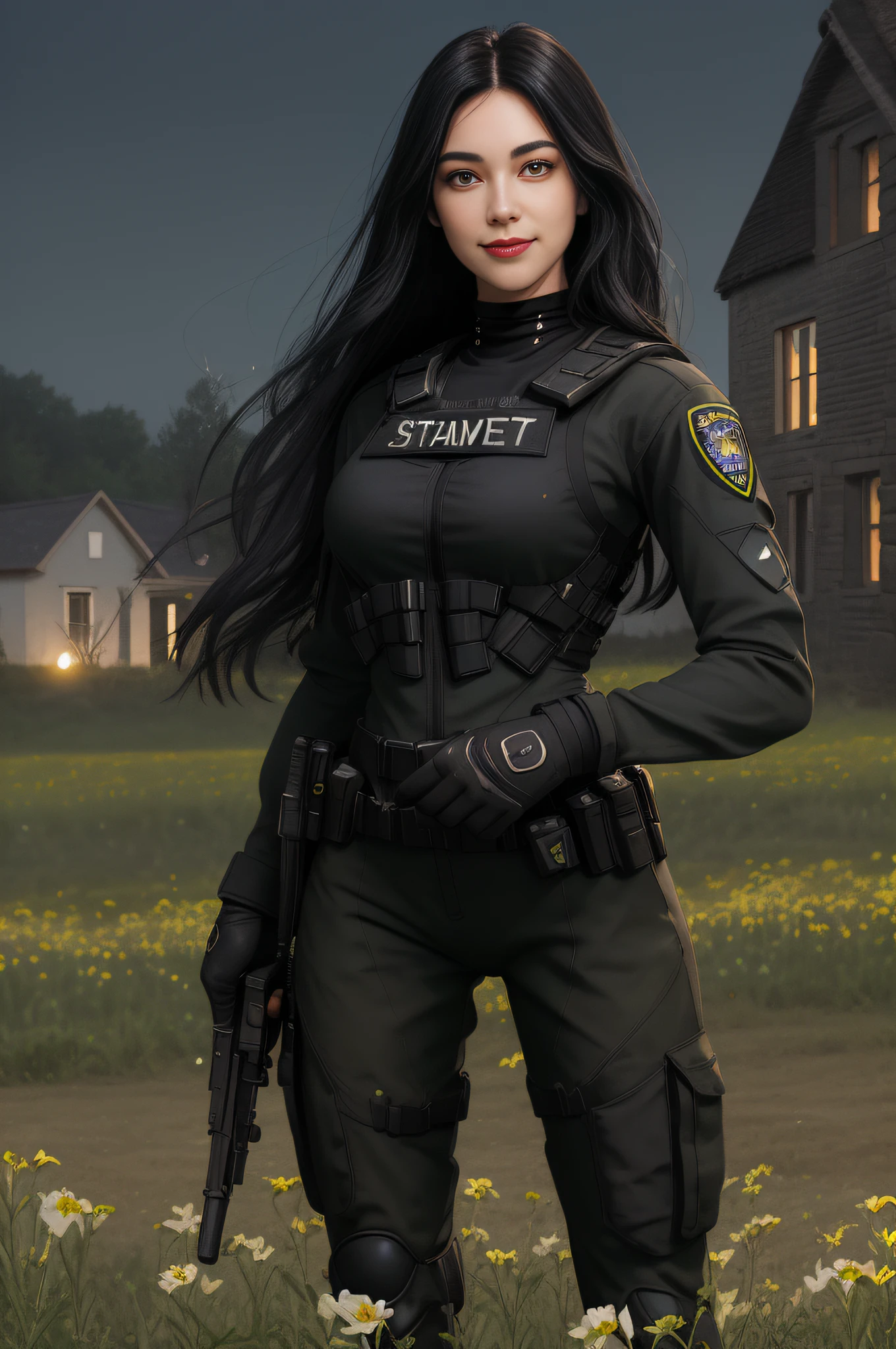 Surreal female SWAT，An affectionate smile，Close-up of melon seeds' face，Long black hair fills the light，Highlight face detail，Meadow river at night，Fighting posture（high light），Full body photo（Real Human）Natural realism，Black police uniform，Fill your face light，Villas，fresh flowers，A high resolution。