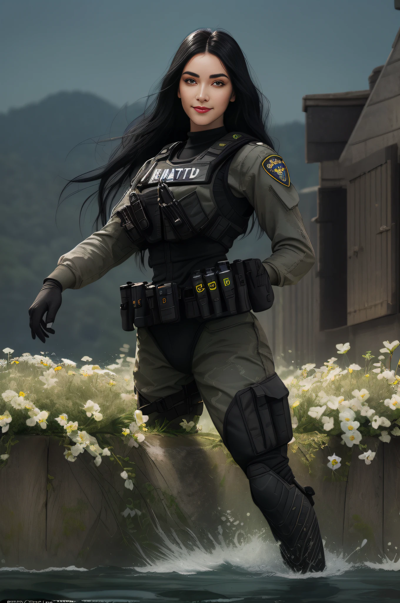 Surreal female SWAT,An affectionate smile,Close-up of melon seeds' face,Long black hair fills the light,Highlight face detail,Meadow river at night,Fighting posture(high light),Full body photo(Real Human)Natural realism,Black police uniform,Fill your face light,Villas,fresh flowers,lake water,A high resolution。