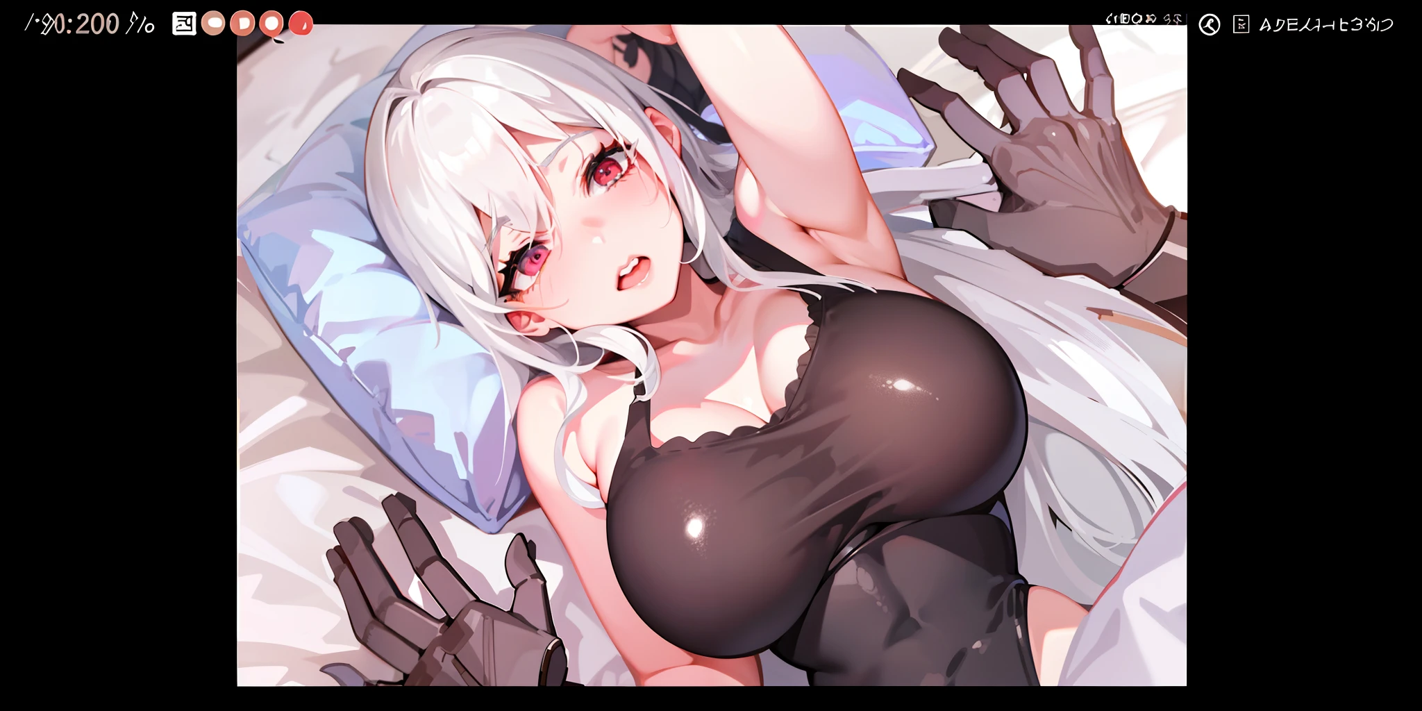 Anime girl lying on bed with room，Pillows and pillows, ahegao, oppai, from girls frontline, white-haired god, seductive anime girls, Fine details. Girl Front, ahegao face, biomechanical oppai, SFW version, Perfect white haired girl, Tifa Lockhart with white hair, 2b, 2 b, cell shaded adult animation