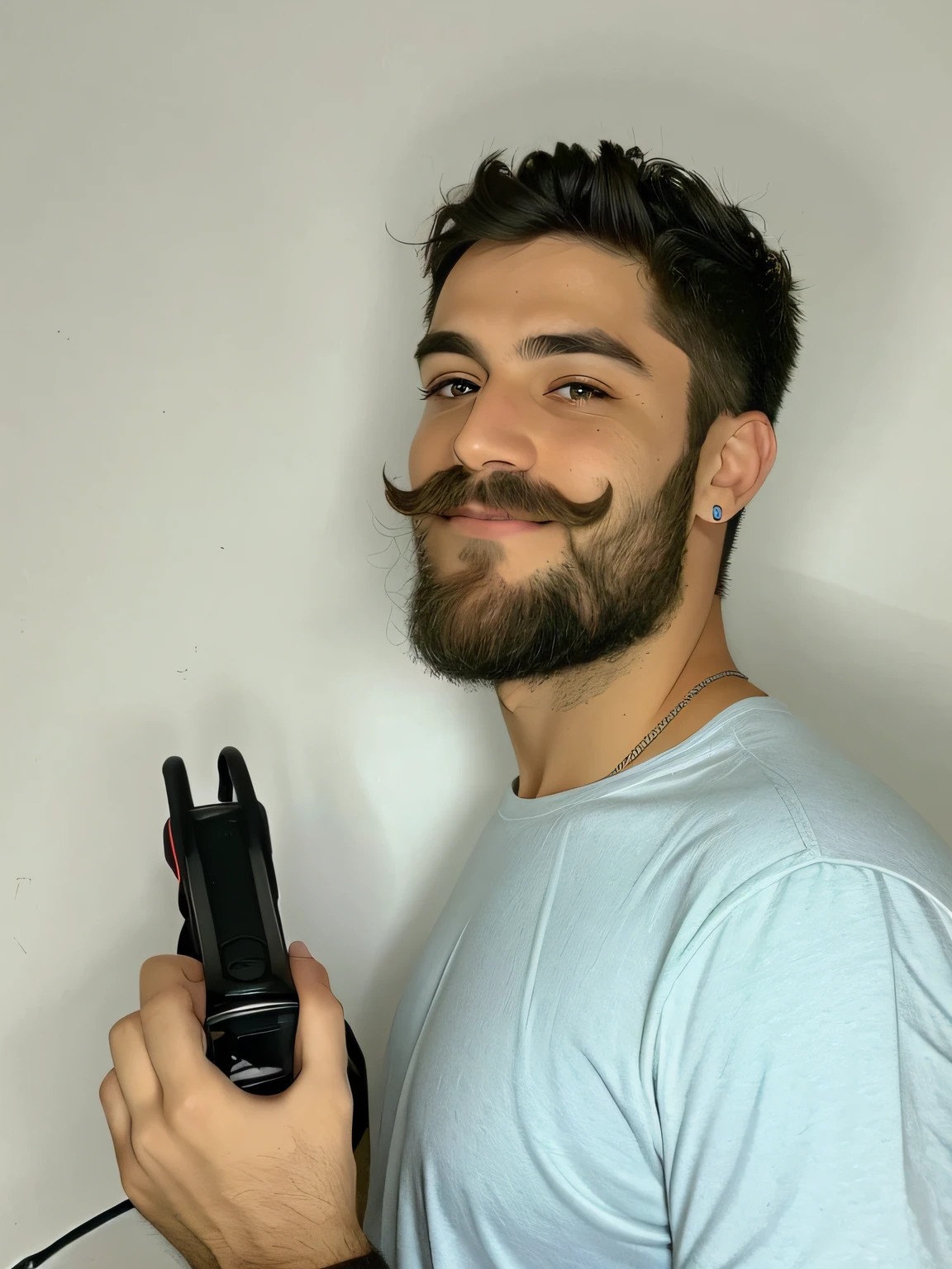 Man with beard and mustache holding a radio, Streamer do Twitch / Jogador Ludwig, barba enrolada, barba arrumada, com uma barba pequena, barba clara, barba aparada, Streamer do Twitch, neckbeard, usando um fone de ouvido para jogos, barba pequena, he got a big french musctache, barba bem aparada, usando fone de ouvido para jogos, barba raspada, foto de perfil headshot