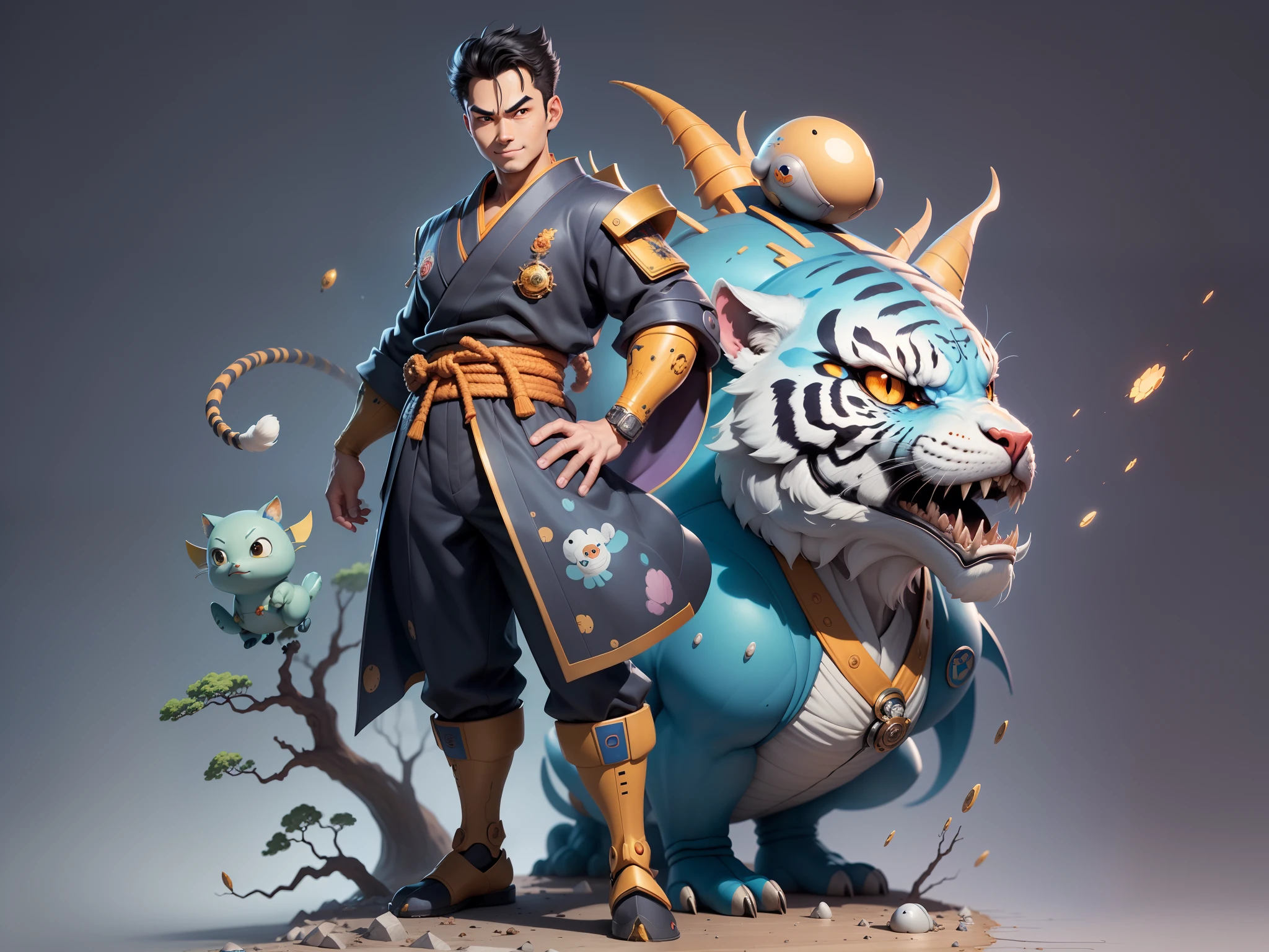 (Masterpiece), (Excellent), (Super Meticulous), (Full Body: 1.2), Super Young Man, Oriental Face, Japanese Kimono, Japanese Wind Thunder God, Dragon, Tiger, TV Anchor, Bust Portrait Illustration, Alone, Black Suit, Blue Tie, Slightly Chubby Face, Very Clean Face, No Beard, Black Super Short Hair, Black Eyes, Confident Smile, 3c Computer Sub-Products, iPad, iPhone, Digital Painting, 3D Character Design by Akira Toriyama and Mark Claireden and Pixar and Hayao Miyazaki, The illustration is a high-definition illustration in 4K resolution with very detailed facial features and cartoon-style visuals.