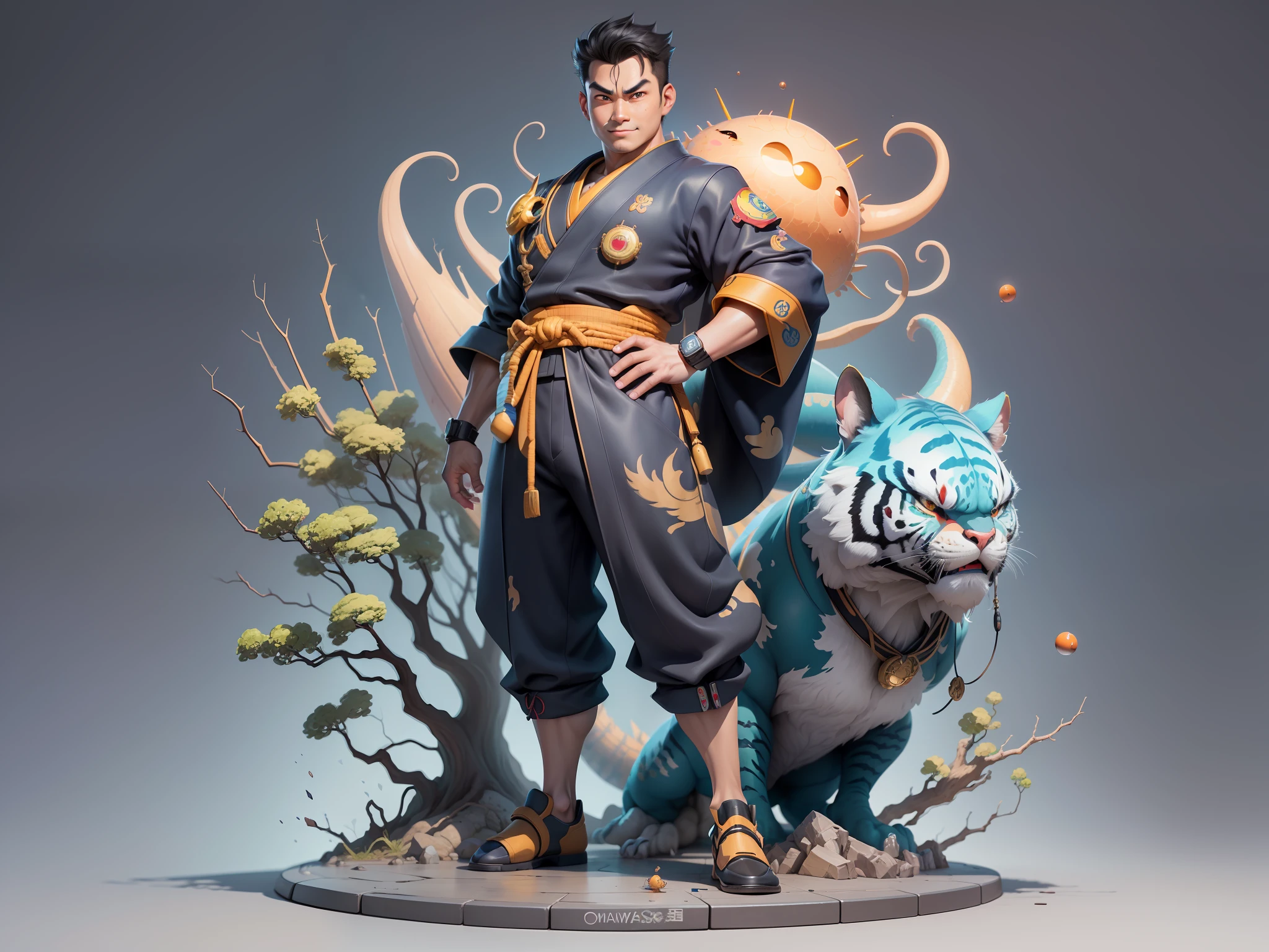 (Masterpiece), (Excellent), (Super Meticulous), (Full Body: 1.2), Super Young Man, Oriental Face, Japanese Kimono, Japanese Wind Thunder God, Dragon, Tiger, TV Anchor, Bust Portrait Illustration, Alone, Black Suit, Blue Tie, Slightly Chubby Face, Very Clean Face, No Beard, Black Super Short Hair, Black Eyes, Confident Smile, 3c Computer Sub-Products, iPad, iPhone, Digital Painting, 3D Character Design by Akira Toriyama and Mark Claireden and Pixar and Hayao Miyazaki, The illustration is a high-definition illustration in 4K resolution with very detailed facial features and cartoon-style visuals.