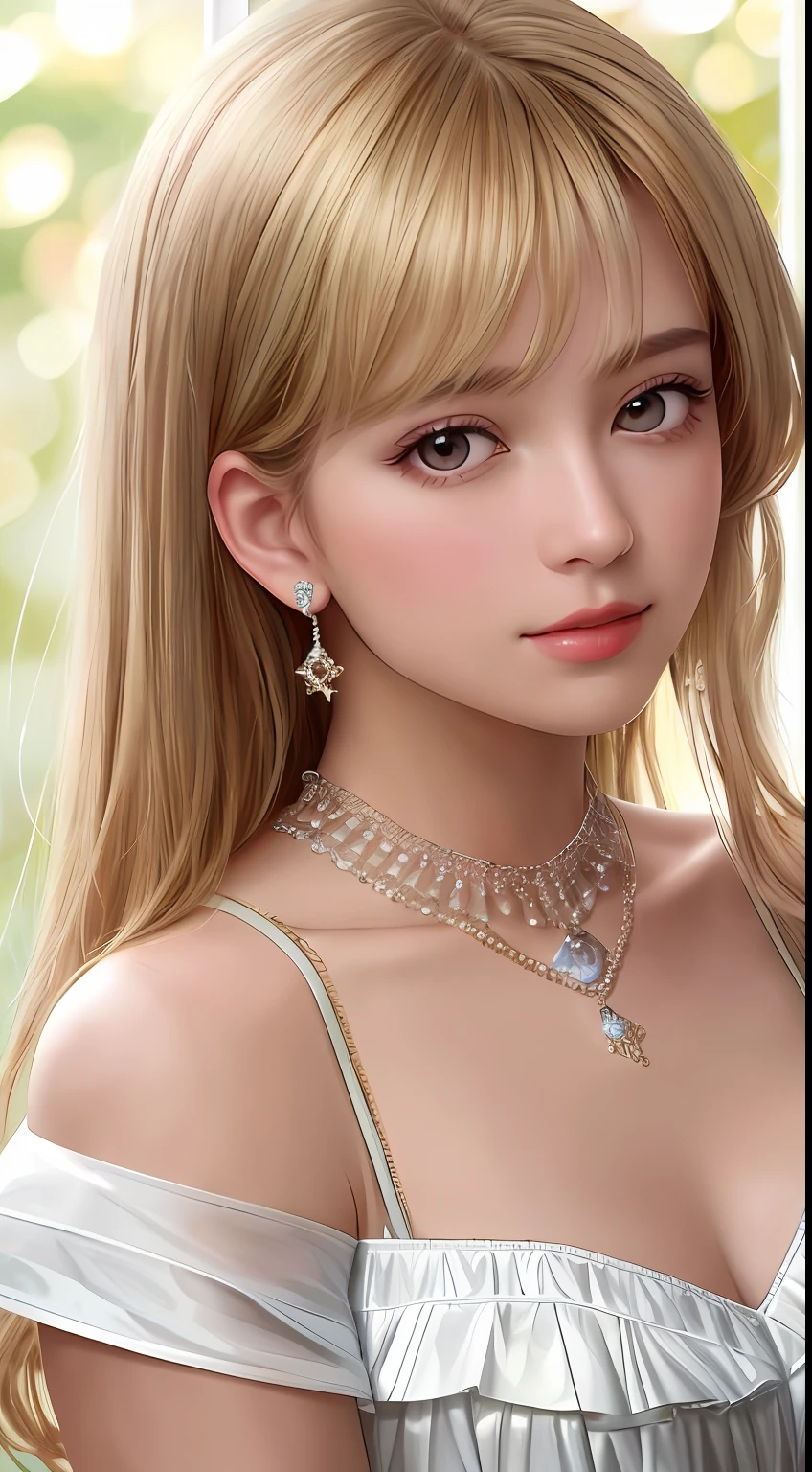 best quality, masterpiece, high resolution, 1 girl, hair ornament, necklace, jewelry, pretty face, upper body, tyndall effect, photo realistic, dark studio, light border, two-tone light, (high-detail skin: 1.2), 8k uhd, dslr , soft light, high quality, volumetric light, candid, Photo, high resolution, 4k, 8k, Bokeh, medium bust, (hair color:blonde:1)
