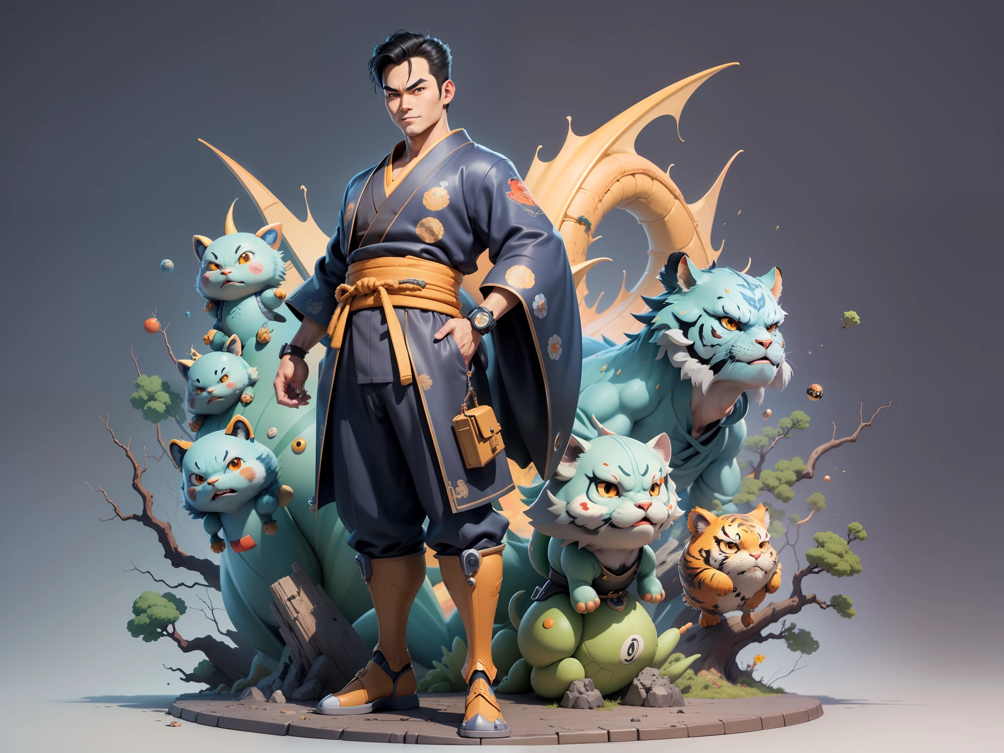 (Masterpiece), (Excellent), (Super Meticulous), (Full Body: 1.2), Super Young Man, Oriental Face, Japanese Kimono, Japanese Wind Thunder God, Dragon, Tiger, TV Anchor, Bust Portrait Illustration, Alone, Black Suit, Blue Tie, Slightly Chubby Face, Very Clean Face, No Beard, Black Super Short Hair, Black Eyes, Confident Smile, 3c Computer Sub-Products, iPad, iPhone, Digital Painting, 3D Character Design by Akira Toriyama and Mark Claireden and Pixar and Hayao Miyazaki, The illustration is a high-definition illustration in 4K resolution with very detailed facial features and cartoon-style visuals.