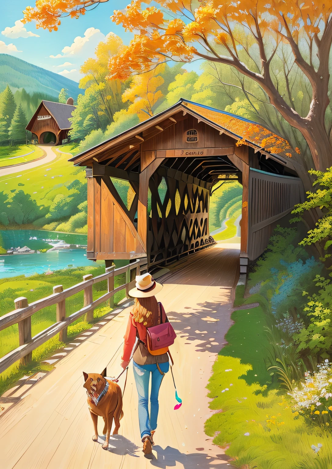 painting of a woman walking her dog on a path in front of a covered bridge, covered bridge, published art, colored illustration, colorful scene, color illustration, cover illustration, full color illustration, full color drawing, walking on an old wood bridge, colorfull illustration, beside the river, color drawing, an illustration, colorful illustration, illustrative art, childrens book illustration