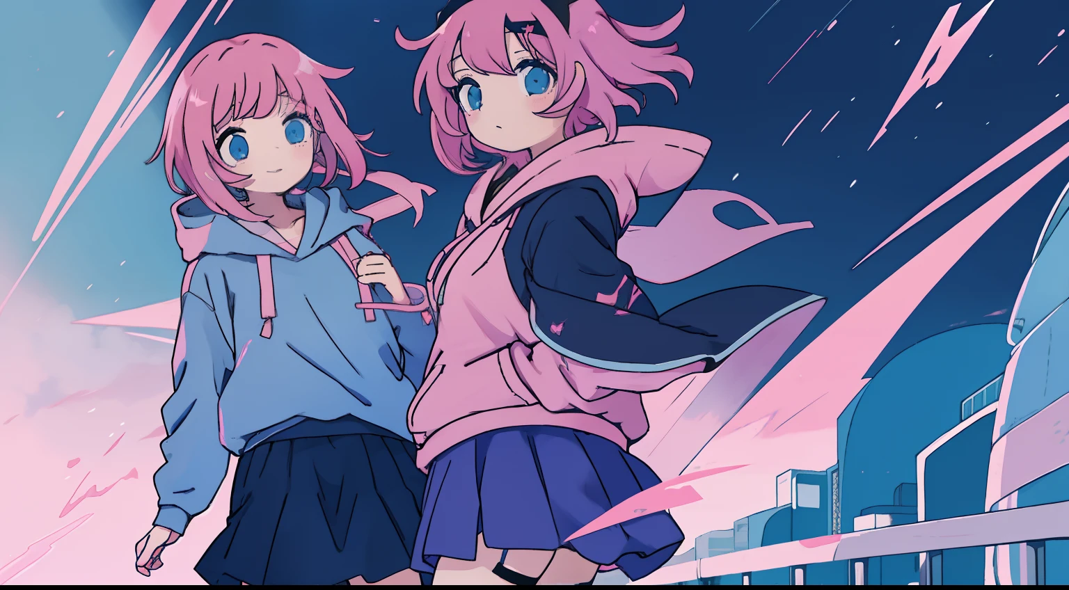 anime girl with short pink hair bangs pink hoodie chocker blue skirt hairclip black legwear talking to a anime girl with long navy blue, bangs, blue skirt, black skirt, black legwear, conversation,