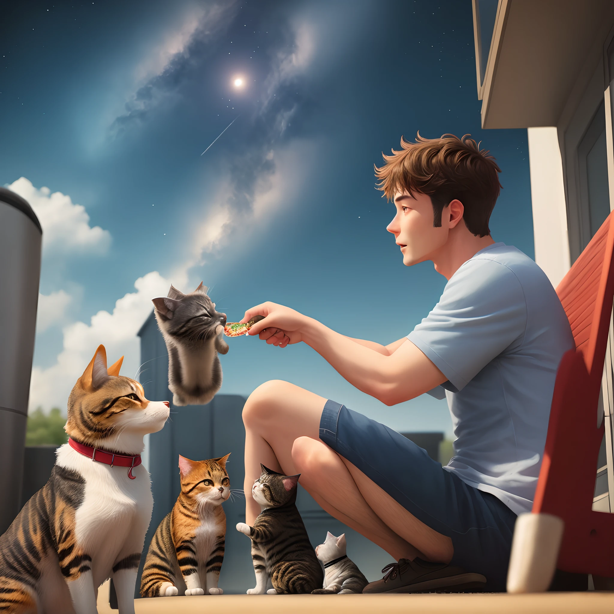 Man under sky watching dogs eating a cat