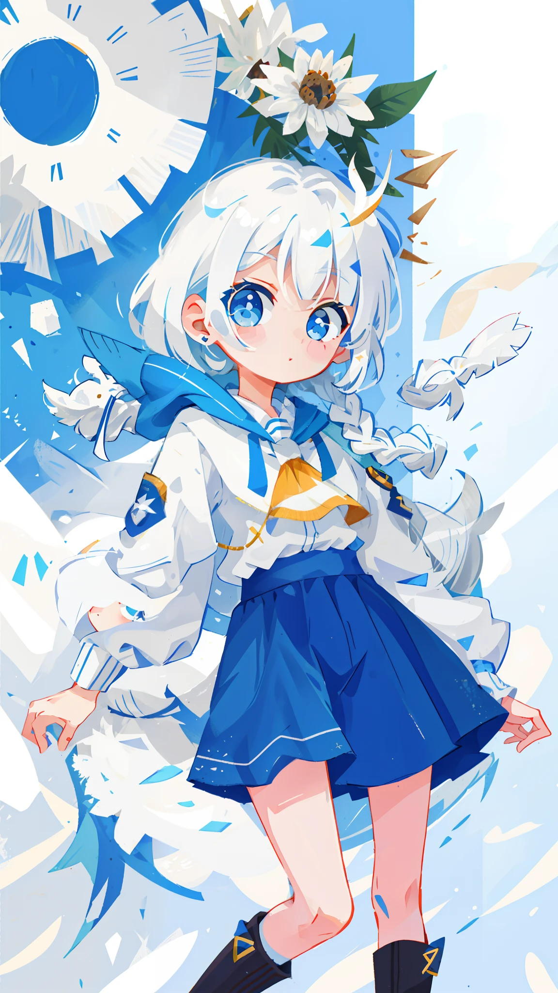 A girl with white hair and blue eyes.