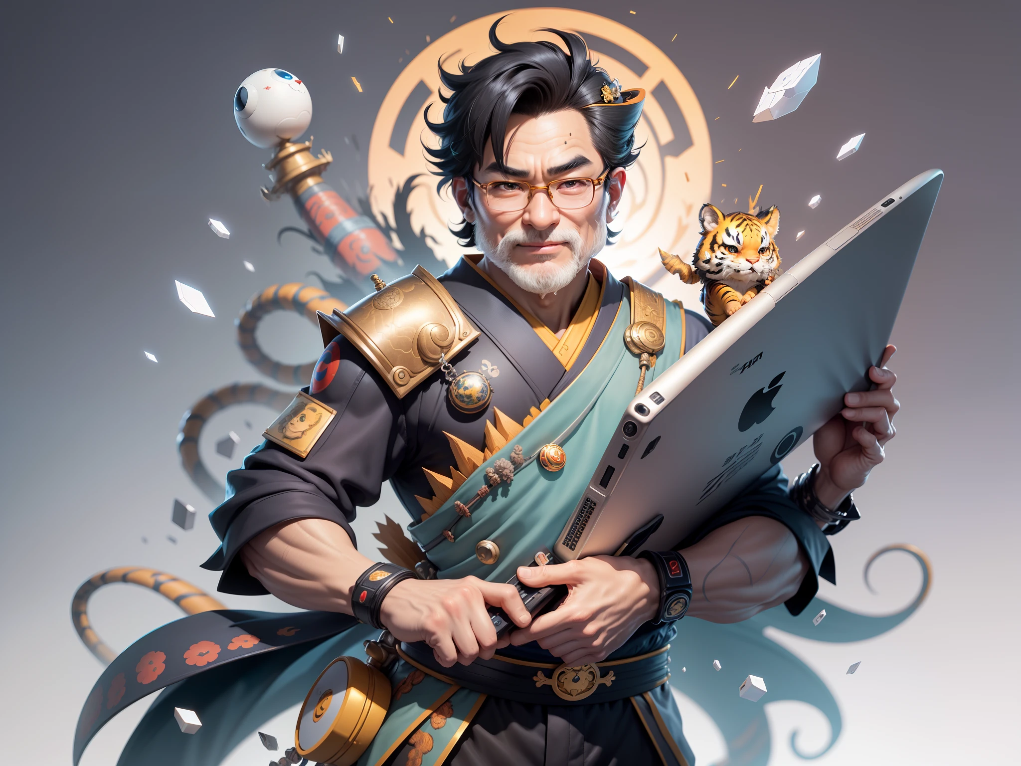 (Masterpiece), (Excellent), (Super Meticulous), (Full Body: 1.2), Super Young Man with Japanese Female Geisha, Pretty, Beautiful, Chinese Dragon, Tiger, Wind God Thor, Sexy, Bursting, Oriental Face, TV Anchor, Bust Portrait Illustration, Black Suit, Blue Tie, Slightly Chubby Face, Silver Glasses, Very Clean Face, No Beard on Chin, Black Super Short Hair, Black Eyes, Confident Smile, 3c Computer Sub-Products, iPad, iPhone, Digital Painting, 3D character design by Mark Clairedon and Pixar and Hayao Miyazaki and Akira Toriyama, the illustrations are HD illustrations in 4K resolution with highly detailed facial features and cartoon-style visuals.