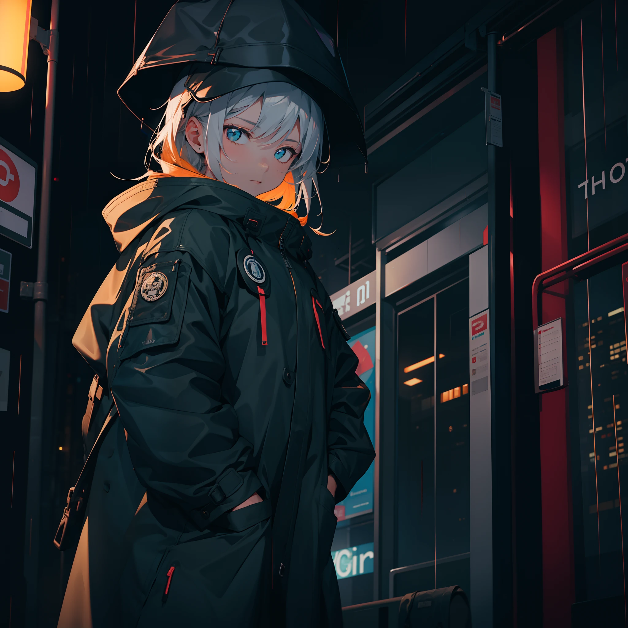 1girl, Night City, rain, coat, hands in pockets