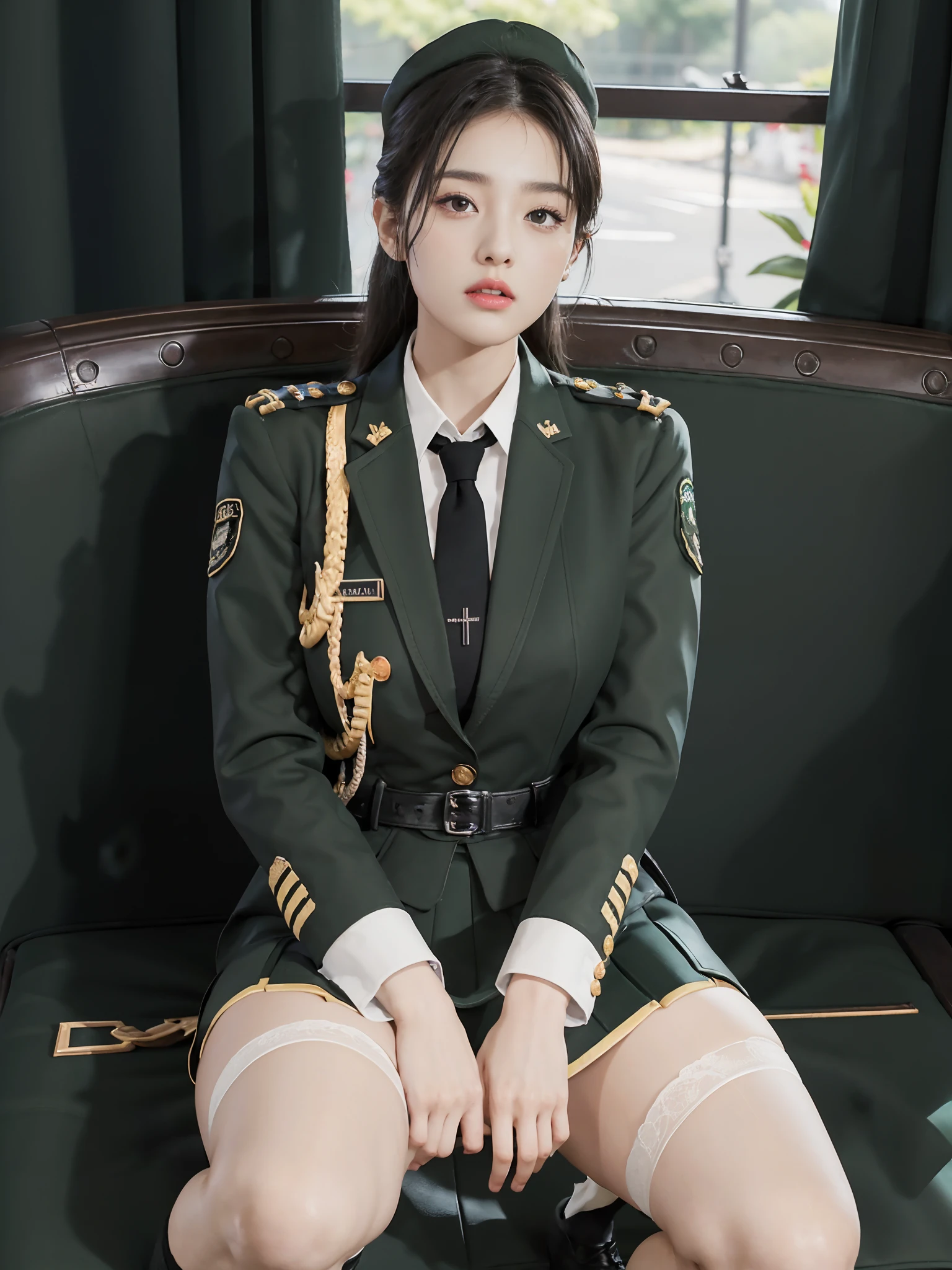 Very detailed CG unity 8K wallpaper，（tmasterpiece），（best qualtiy），（ultra - detailed），（Ultra photo realsisim），（best character detail：1.36），Nikon D750 f / 1.4 55mm，profesional lighting， physically-based renderingt, 1girll, Female soldier，army suit，Green military uniform，Fabric texture military uniform，Dark green tie，Army green skirt，military hat，Black hair，the golden ratio,[:(com rosto detalhado:1.2):0.2]:,PureErosFace_V1, broad shoulder,(Bigchest:1.5),(big assa:1.5)，Wide buttock ，Bare legged，Plump legs，Move the center of gravity back，Squat on the grass，Spread your legs apart，The skirt covers the bottom of the skirt，whitestocking，Small black leather shoes，hands lying on thighs，Soaked with sweat，red flags，At the cafe，Night Street，bright sun，Look at the audience from the front，Bright smile，White teeth，lighting，Contre-Jour，