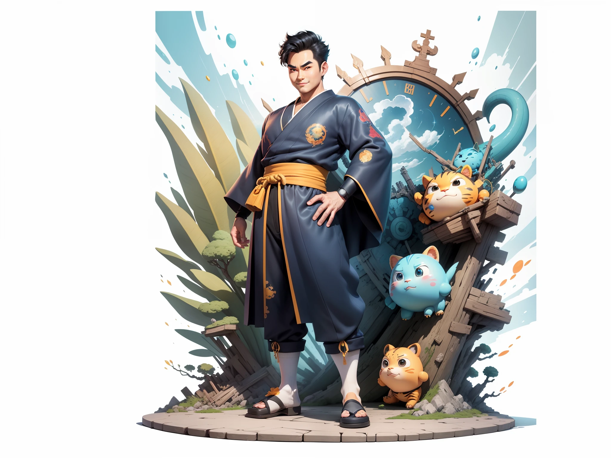 (Masterpiece), (Excellent), (Super Meticulous), (Full Body: 1.2), Super Young Man, Oriental Face, Japanese Kimono, Japanese Wind Thunder God, Dragon, Tiger, TV Anchor, Bust Portrait Illustration, Alone, Black Suit, Blue Tie, Slightly Chubby Face, Very Clean Face, No Beard, Black Super Short Hair, Black Eyes, Confident Smile, 3c Computer Sub-Products, iPad, iPhone, Digital Painting, 3D Character Design by Akira Toriyama and Mark Claireden and Pixar and Hayao Miyazaki, The illustration is a high-definition illustration in 4K resolution with very detailed facial features and cartoon-style visuals.
