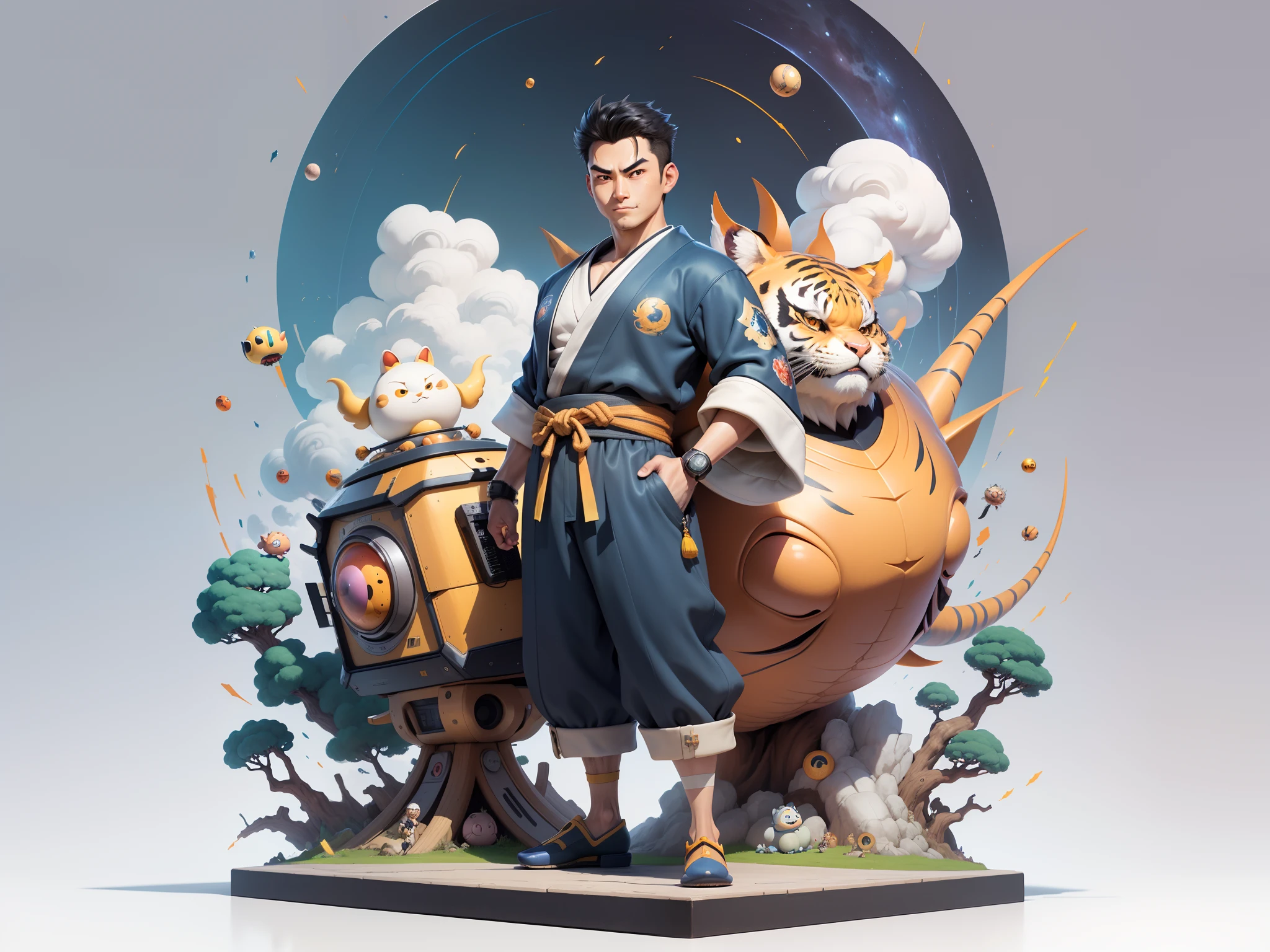 (Masterpiece), (Excellent), (Super Meticulous), (Full Body: 1.2), Super Young Man, Oriental Face, Japanese Kimono, Japanese Wind Thunder God, Dragon, Tiger, TV Anchor, Bust Portrait Illustration, Alone, Black Suit, Blue Tie, Slightly Chubby Face, Very Clean Face, No Beard, Black Super Short Hair, Black Eyes, Confident Smile, 3c Computer Sub-Products, iPad, iPhone, Digital Painting, 3D Character Design by Akira Toriyama and Mark Claireden and Pixar and Hayao Miyazaki, The illustration is a high-definition illustration in 4K resolution with very detailed facial features and cartoon-style visuals.