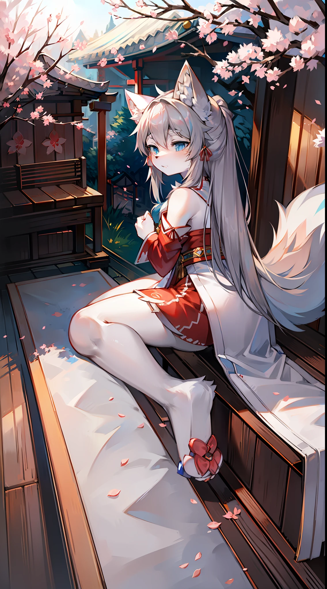 Cherry blossom forest,Big-tailed wolf,blue color eyes,Gray hair,long whitr hair,shrine maiden clothe