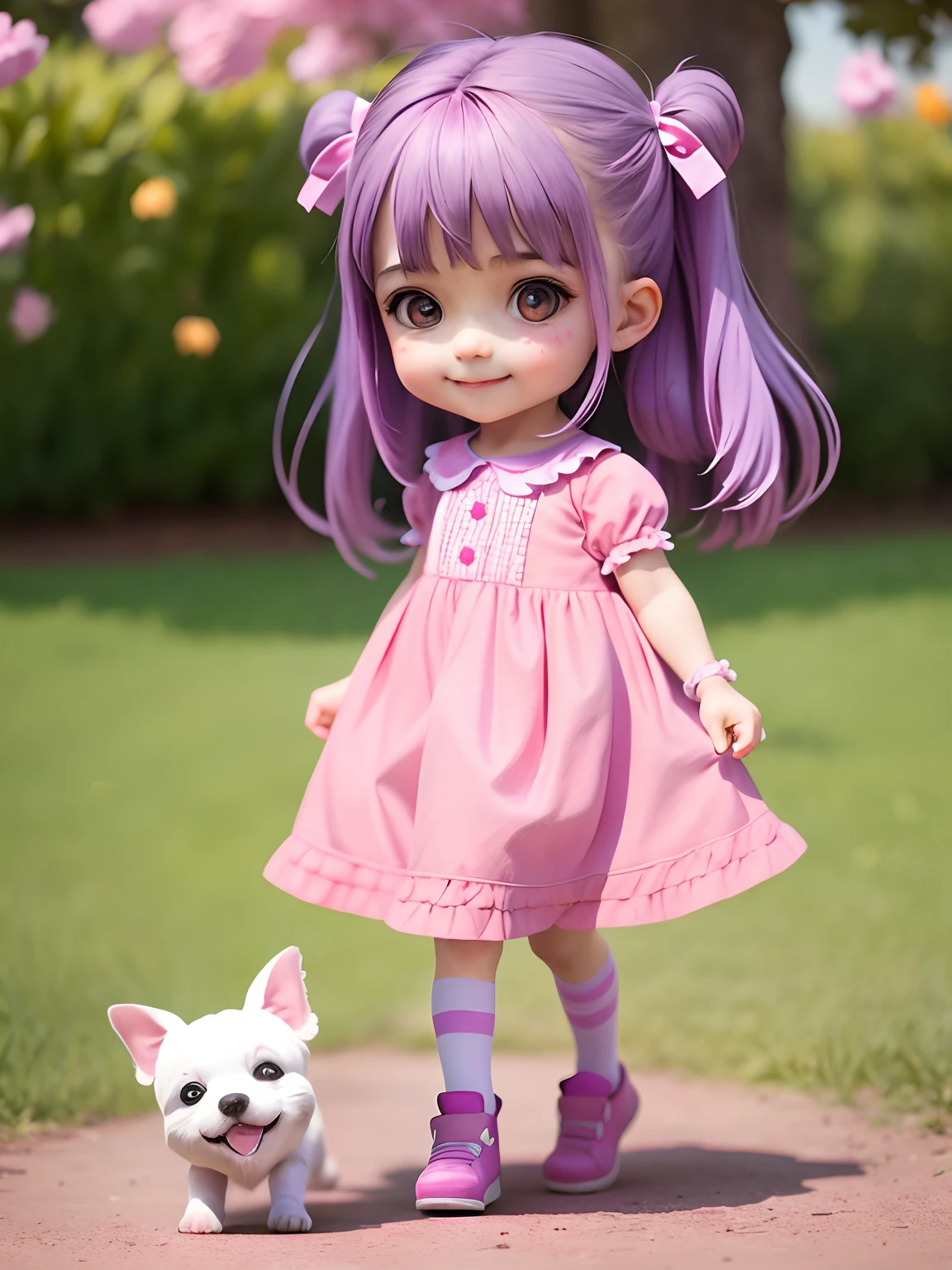 A cute little girl with violet hair, wearing a pink summer dress, was especially happy playing with the dog