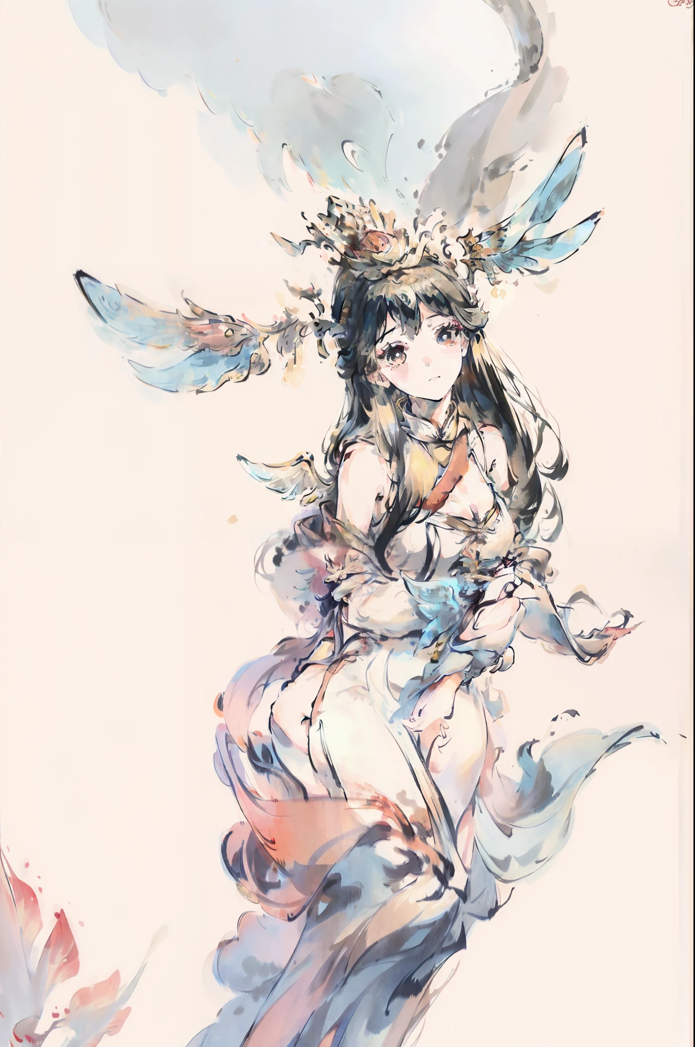 a close up of a girl in dress, big breasts, mechanical wings, crown, flowing hair and long robes, full body xianxia, beautiful character painting, hanfu, inspired by Wu Daozi, by Yang J, full body wuxia, inspired by Ma Yuanyu, inspired by Qiu Ying, sharp line
