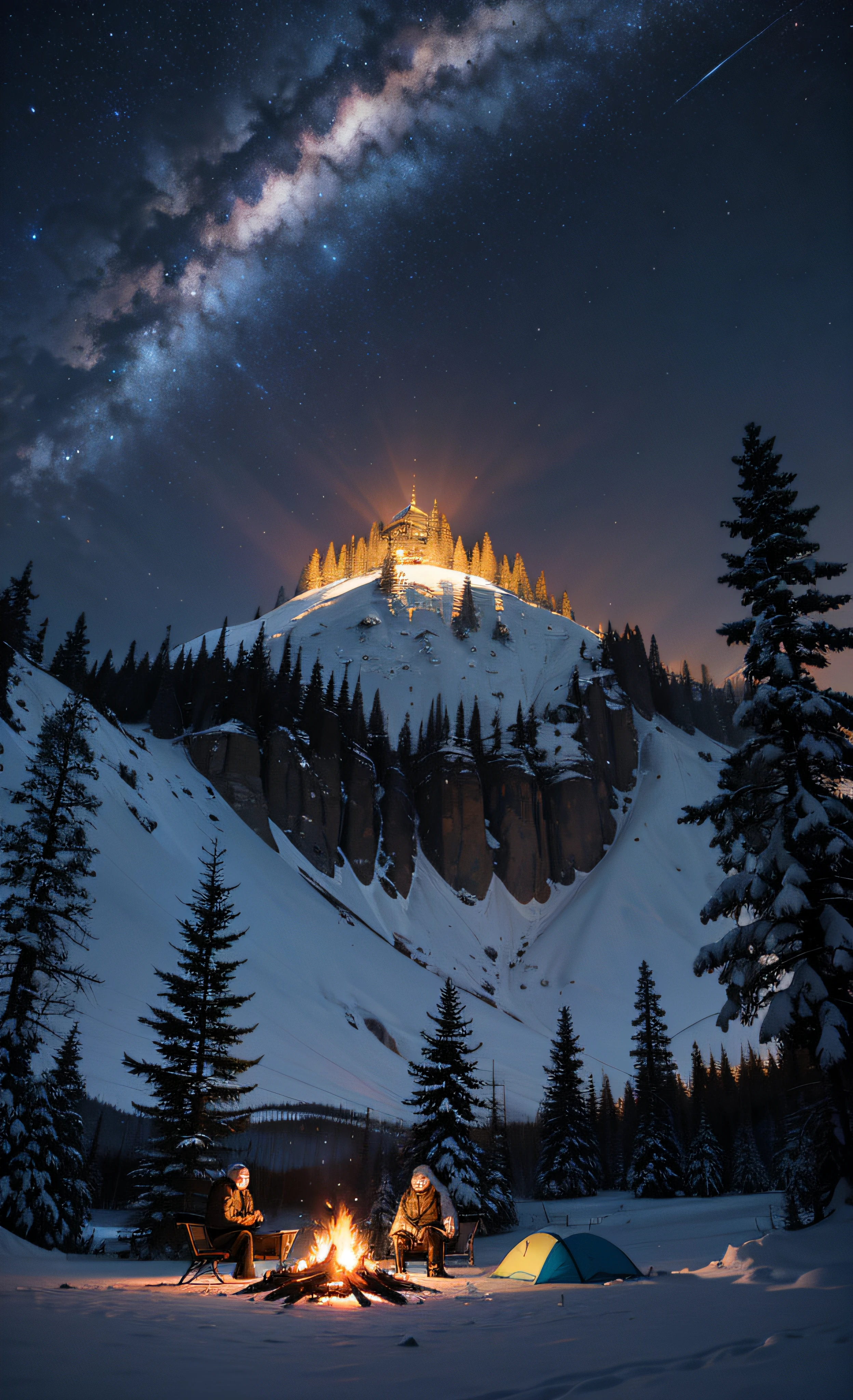 snow mountains,galactic,starrysky,ln the forest,waterfallr,cinematic ligh,camping,bonfires