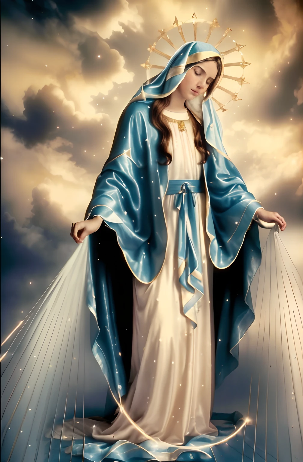 (((Blessed Virgin Mary. 19 years old))) (((IMAGEN VINTAGE RETRO))) ((( Con una cara seria y piadosa. Con una mirada dulce y tierna))) (obra maestra, calidad superior, mejor calidad, arte oficial, beautiful and aesthetic: 1.2), (1girl), extremadamente detallado, (Arte fractal: 1.3), colorido, highest detailed, Cara perfecta, parte superior del cuerpo, HDR, (orando: 1.3), (golden lines of white coat: 1.2), galaxia, (rayas de luz), eye-catching visuals, (dynamic stripes, senderos luminosos: 1.2), colores vibrantes,