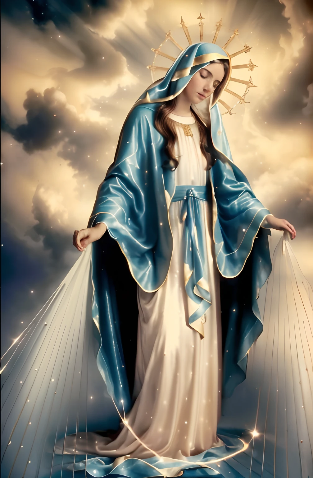(((Blessed Virgin Mary. 19 years old))) (((IMAGEN VINTAGE RETRO))) ((( Con una cara seria y piadosa. Con una mirada dulce y tierna))) (obra maestra, calidad superior, mejor calidad, arte oficial, beautiful and aesthetic: 1.2), (1girl), extremadamente detallado, (Arte fractal: 1.3), colorido, highest detailed, Cara perfecta, parte superior del cuerpo, HDR, (orando: 1.3), (golden lines of white coat: 1.2), galaxia, (rayas de luz), eye-catching visuals, (dynamic stripes, senderos luminosos: 1.2), colores vibrantes,
