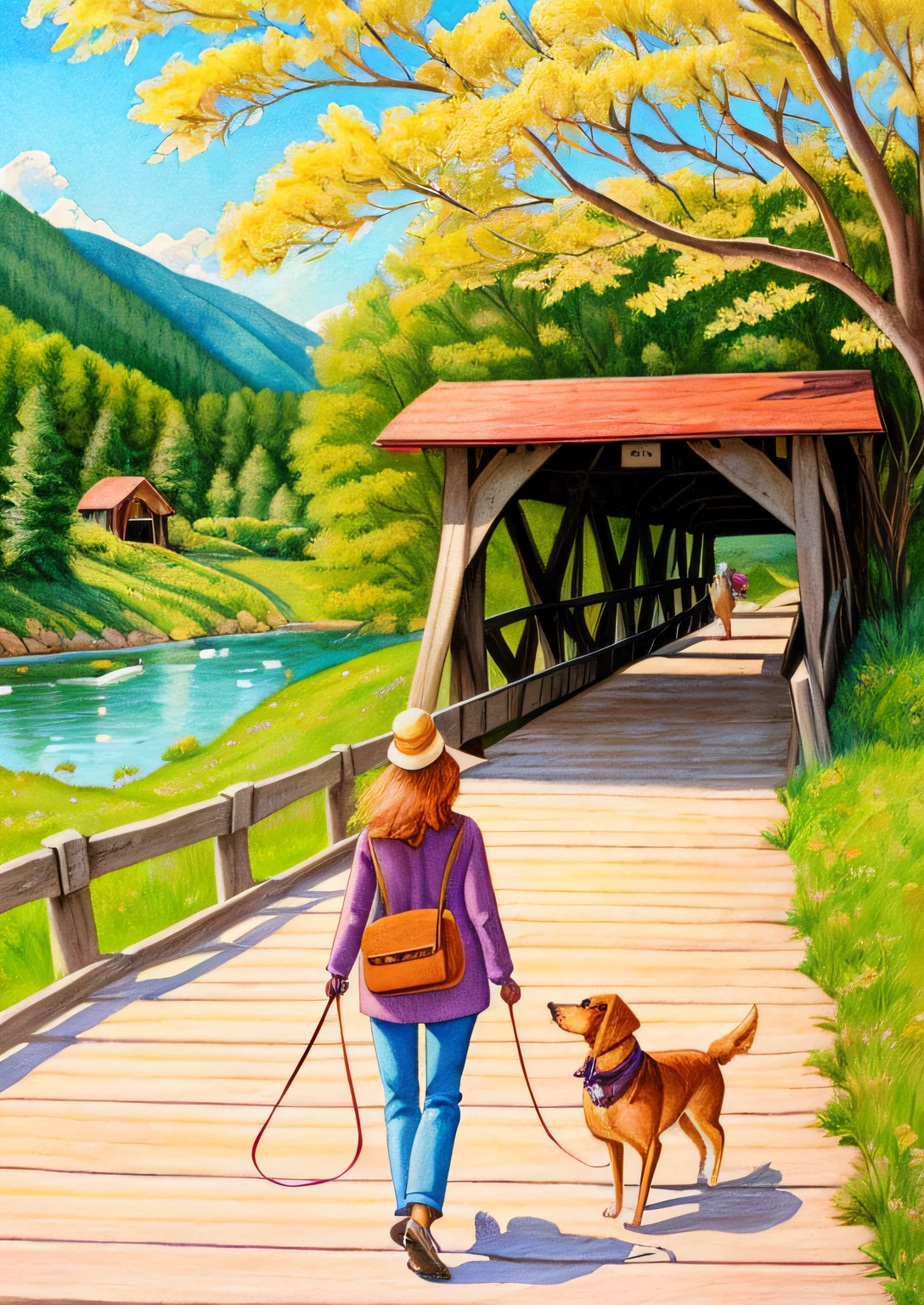 painting of a woman walking her dog on a path in front of a covered bridge, covered bridge, published art, colored illustration, colorful scene, color illustration, cover illustration, full color illustration, full color drawing, walking on an old wood bridge, colorfull illustration, beside the river, color drawing, an illustration, colorful illustration, illustrative art, childrens book illustration