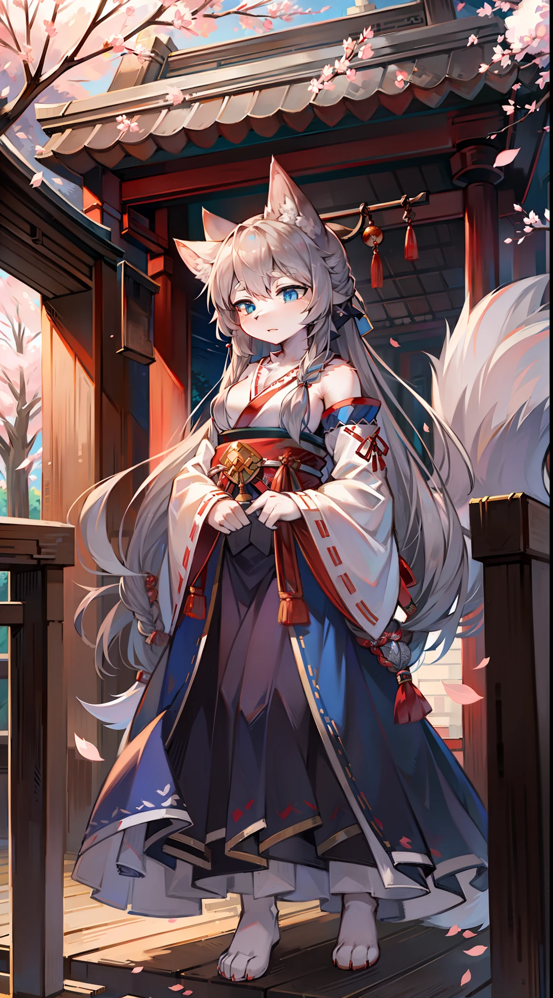 Cherry blossom forest,Big-tailed wolf,blue color eyes,Gray hair,long whitr hair,shrine maiden clothe