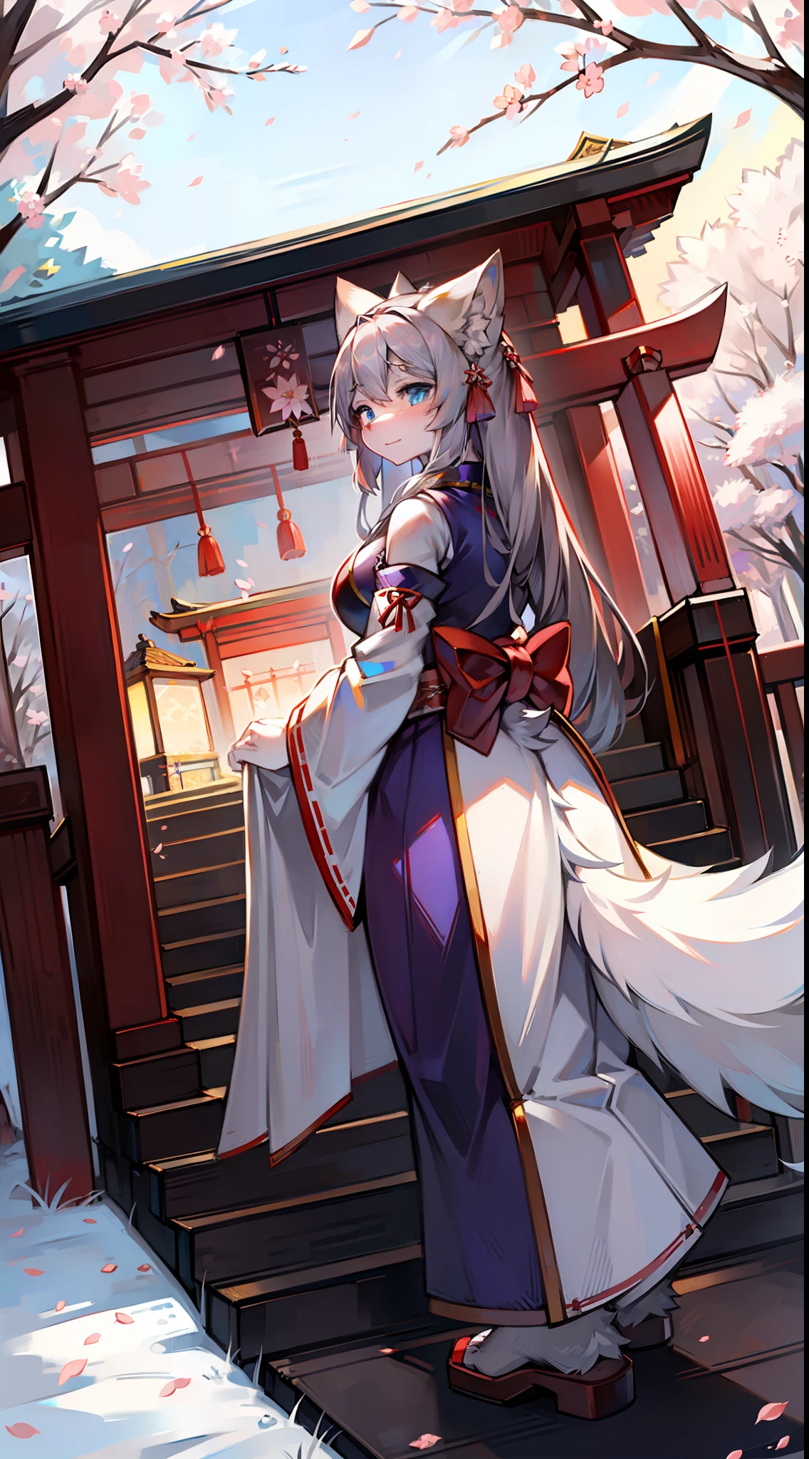 Cherry blossom forest，Big-tailed wolf，blue color eyes，Gray hair，long whitr hair，shrine maiden clothe