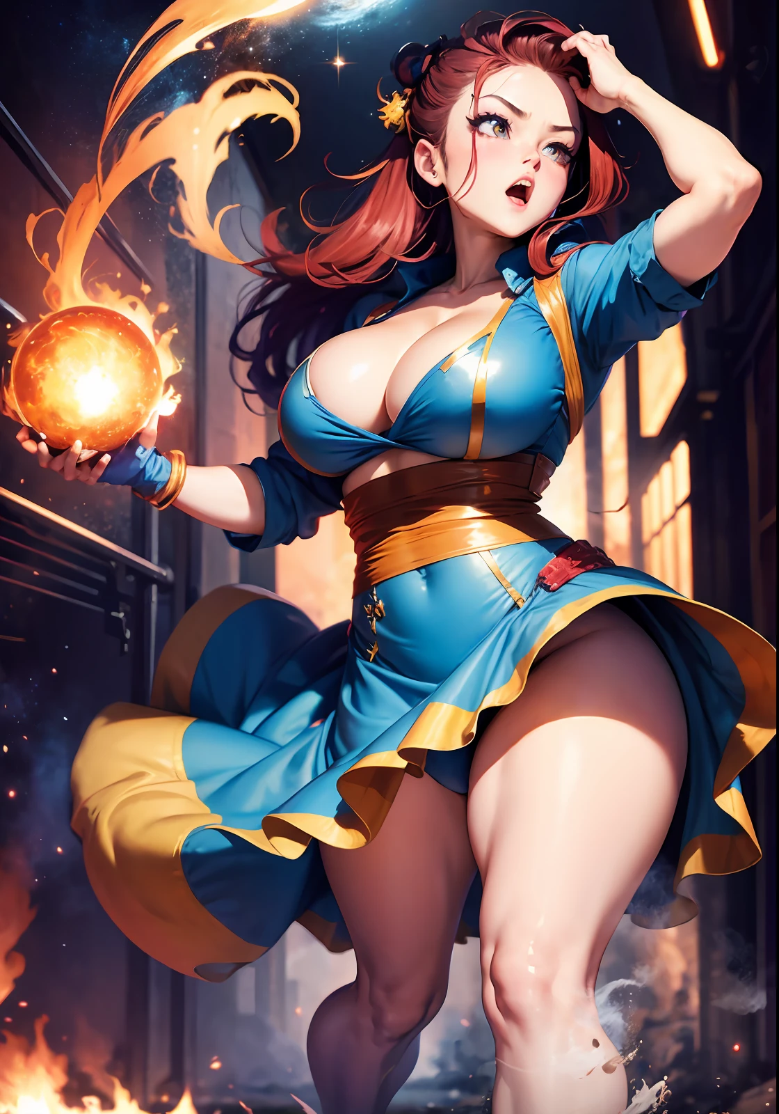 Dragon Quest World、Glamour girl、Red-headed twin-tailed、Sorcerer、Unleash a huge fireball in the heavens、huge-breasted、Blue shirt、long skirt、battle action、GTS Space