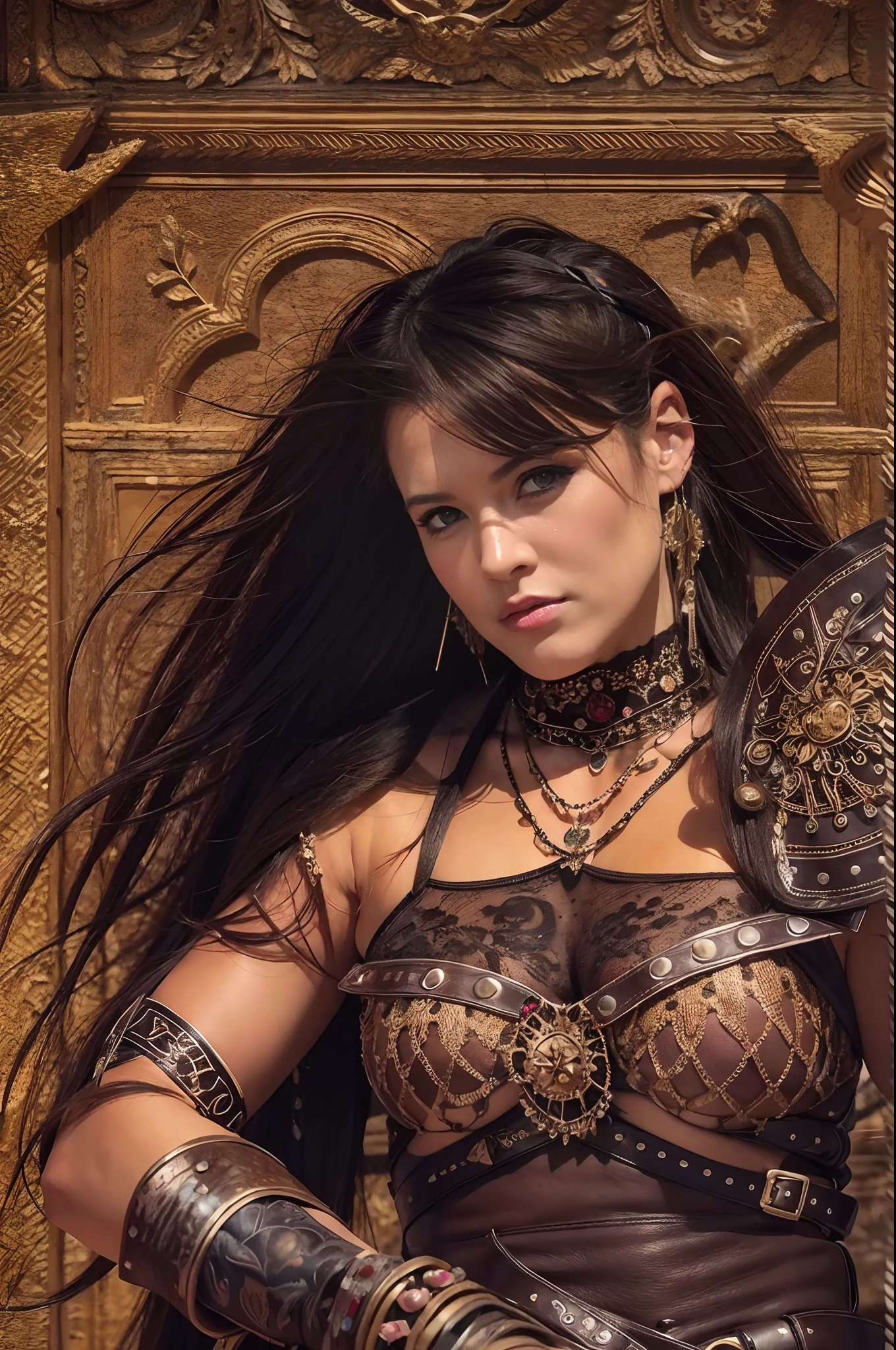 Una mujer vestida como Xena, The warrior princess and with a strange style of hair and makeup, Pose for the cover of a rock metal album. (La mejor calidad)  obra maestra (pechos grandes) ((cabello rubio)) (cuerpo delgado)