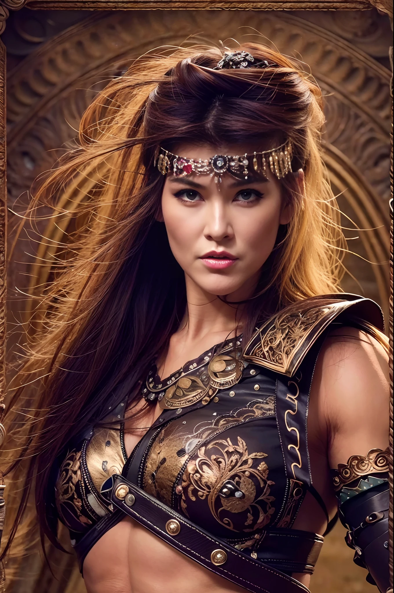 Una mujer vestida como Xena, The warrior princess and with a strange style of hair and makeup, Pose for the cover of a rock metal album. (La mejor calidad)  obra maestra (pechos grandes) ((cabello rubio)) (cuerpo delgado)