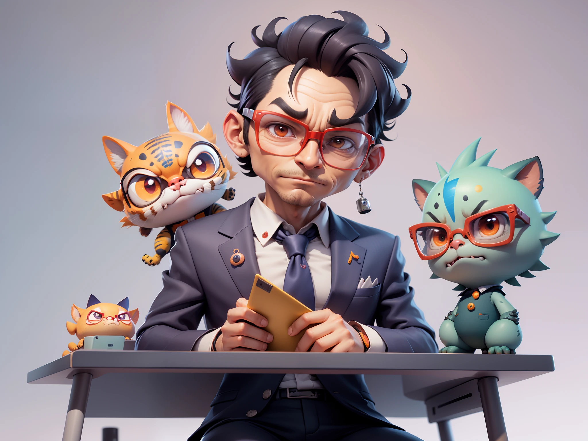 A young man in a suit, Short hair and glasses sat at his desk,holding laptop,digitial painting,tigre,3D character design by Mark Clairen and Pixar and Hayao Miyazaki and Akira Toriyama,4K HD illustration,Very detailed facial features and cartoon-style visuals。