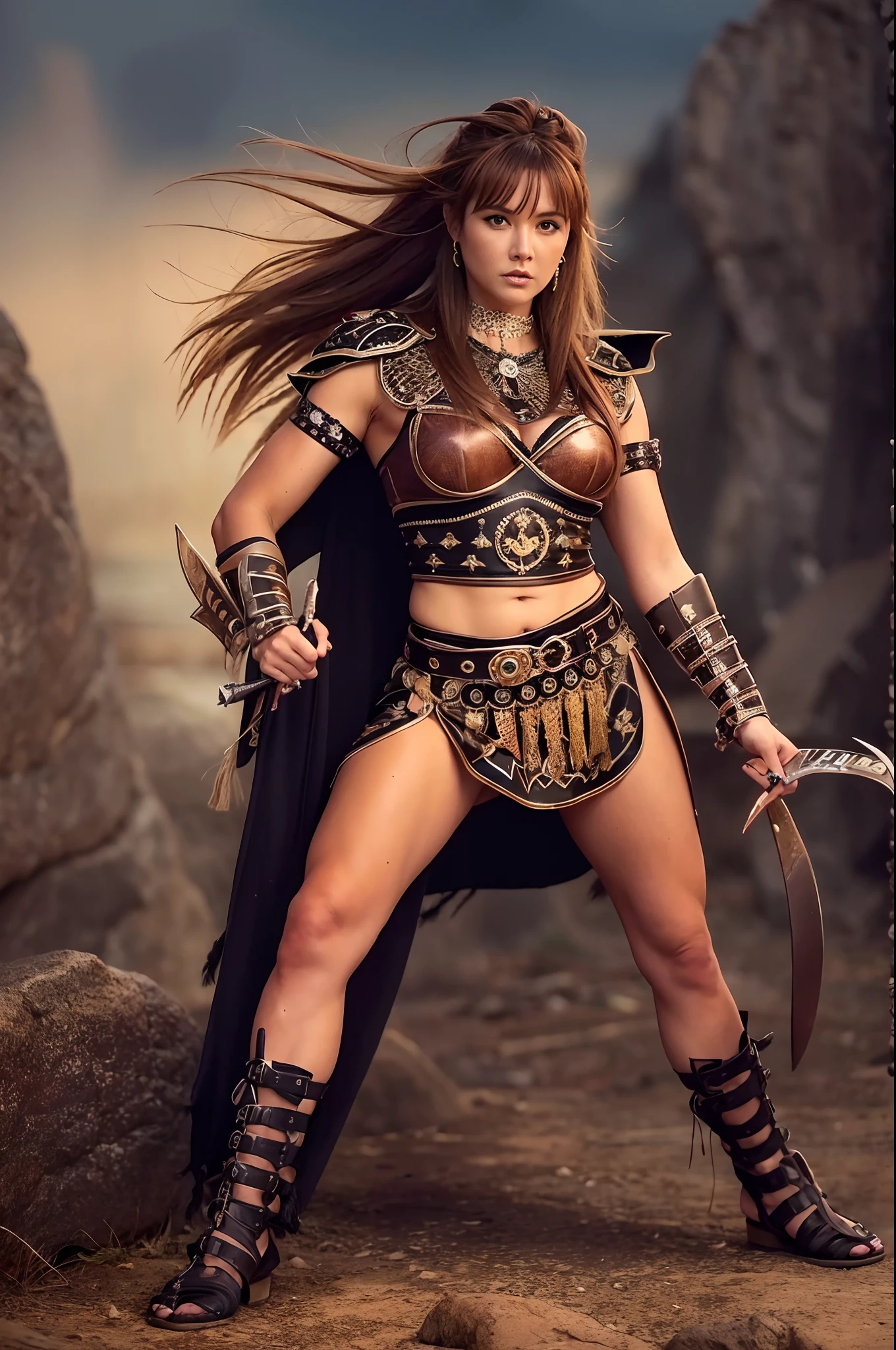 Una mujer vestida como Xena, The warrior princess and with a strange style of hair and makeup, Pose for the cover of a rock metal album. (La mejor calidad)  obra maestra (pechos grandes) ((cabello rubio)) (cuerpo delgado)