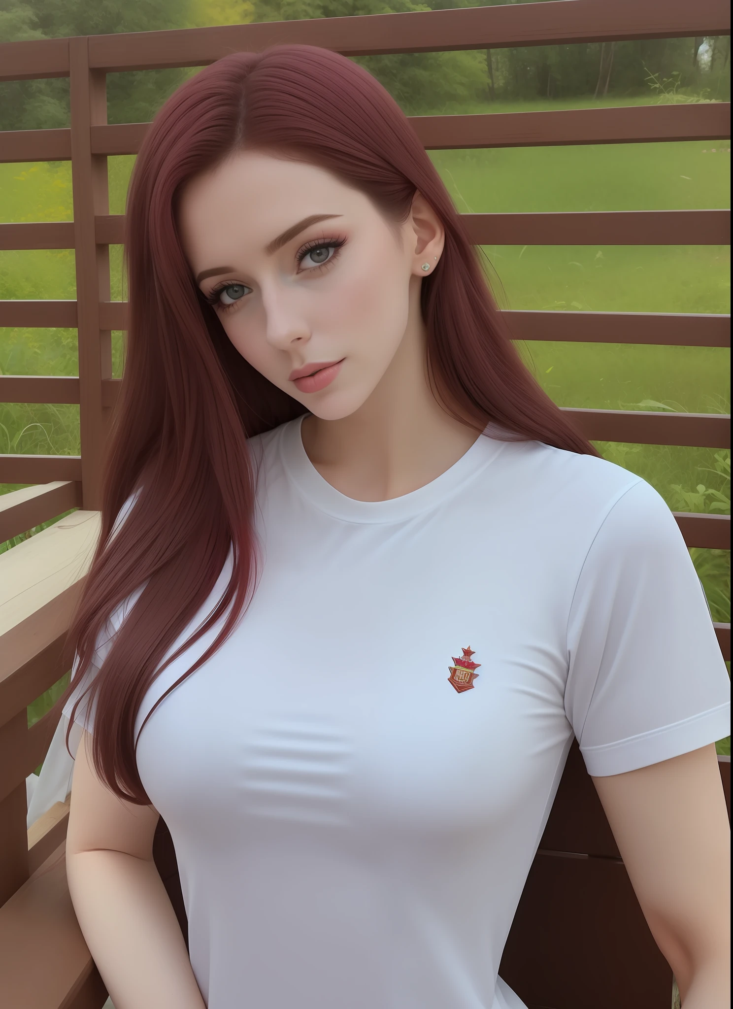 mulher linda arafed sentada em um banco, Anna Nikonova aka Newmilky, angelawhite, vestido com uma camiseta branca, 23 anos, namorada russa, Amouranth, camisa apertada, 2 Modelo feminina de 4 anos, vestido com camisa branca, Garota sexy, Taran Dasha
