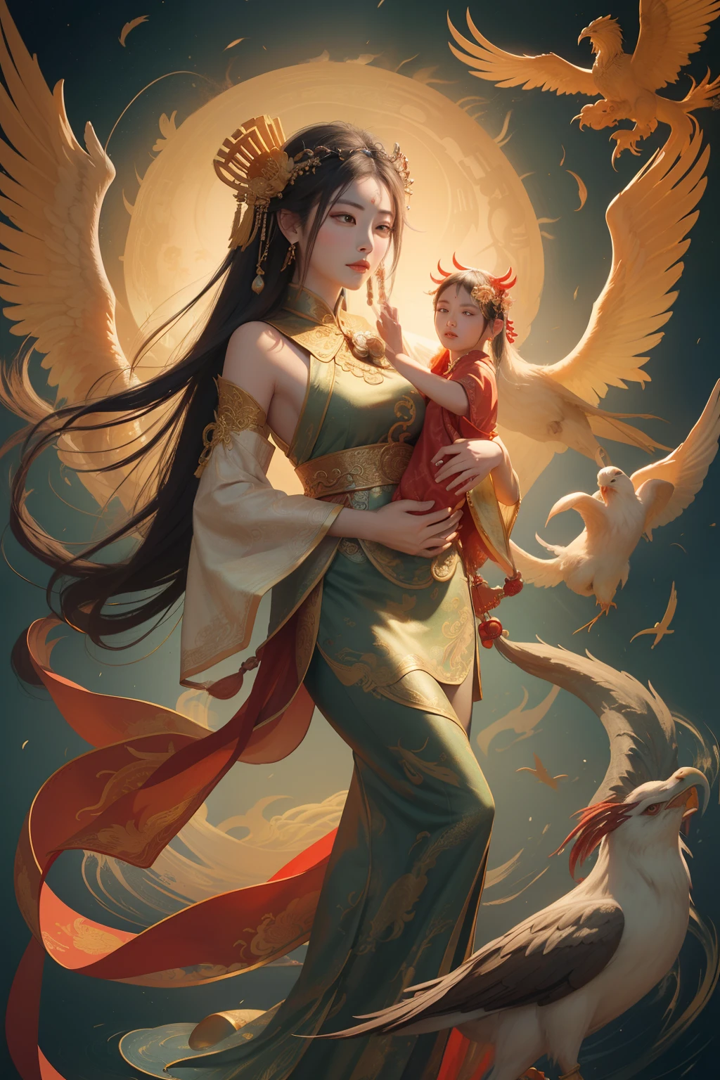 an ancient Chinese goddess, guanyin of the southern seas, Guanyin, Inspired by China, Avalokiteshvara rides a phoenix，,Serene expression,shui mo hua,Buddha,Buddhist,Lotus,Chinese painting style,Thangka style