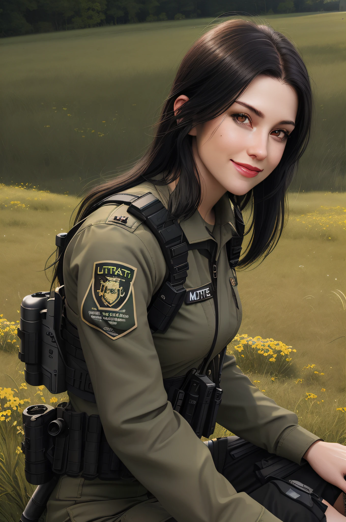 ultra-realistic realism,Female SWAT,An affectionate smile,closeup of face,Long black hair fills the light,Face highlights,grass field、ln the forest,rios,Fighting posture(high light),(Real Human)Natural realism,fresh flowers,in a panoramic view,middlebreast,Black police uniform,Fill your face light,big breasts thin waist,Multiple large helicopters,battleships、armored car、tanks,Iot