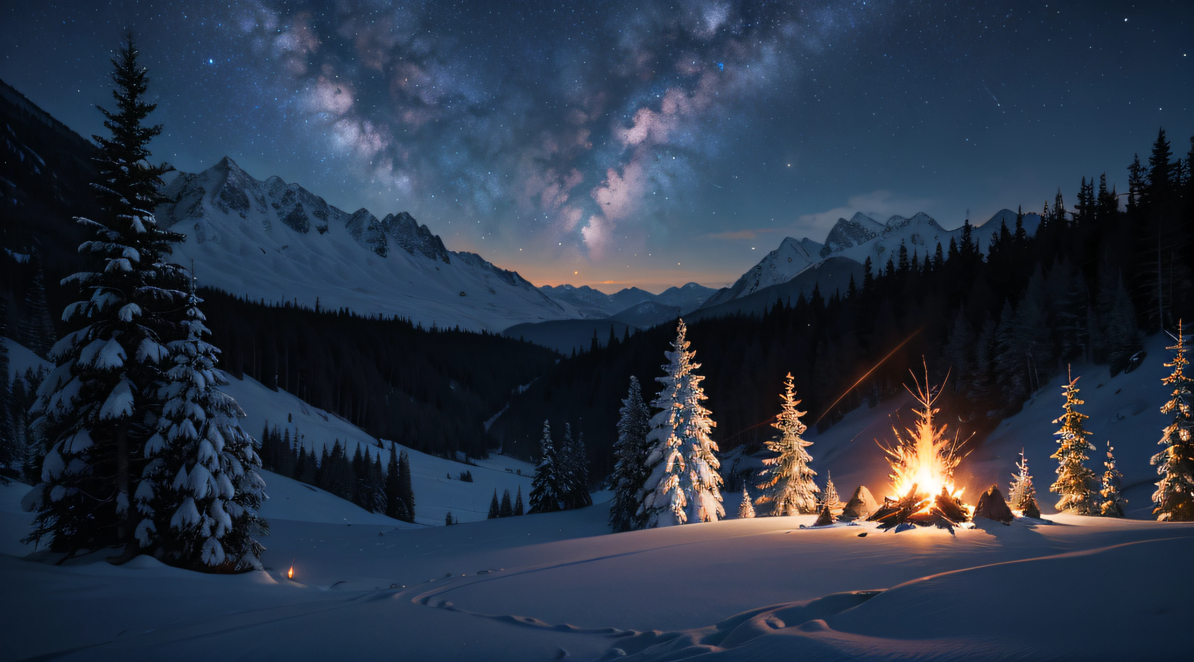 snow mountains,galactic,starrysky,ln the forest,waterfallr,cinematic ligh,camping,bonfires