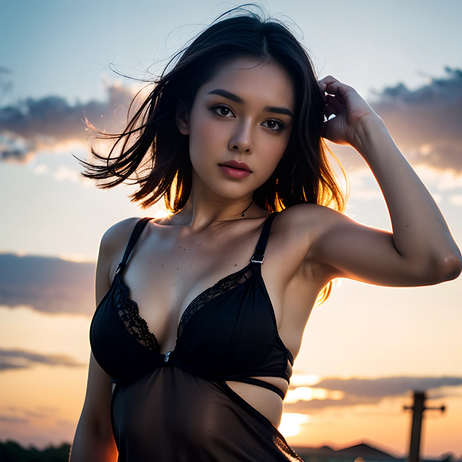 (best quality, masterpiece), 1girl, lingerie, big breqst, samurai, particle, wind, looking at viewer, fox ear, monsters in background, backlighting, upper body, pose