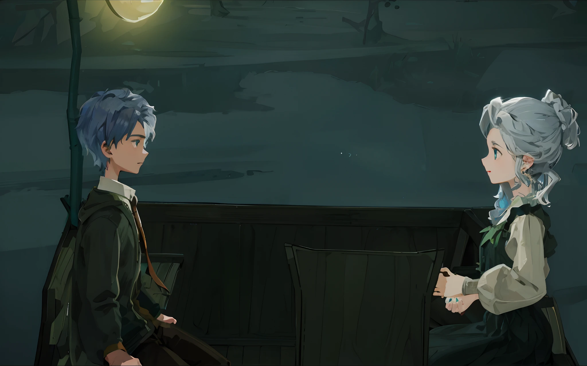 Animation - style illustration of two people sitting on a bench at night, Cutscenes, PC screenshot, videogame still, game screenshot, 2D cinematics, 2d game fanart, 2D Art, 2D Art, Animation stills, gameplay still, game screenshot, Animated stills screen cap, high quality screenshot, Animation stills, 2D rendering, Official Screenshots