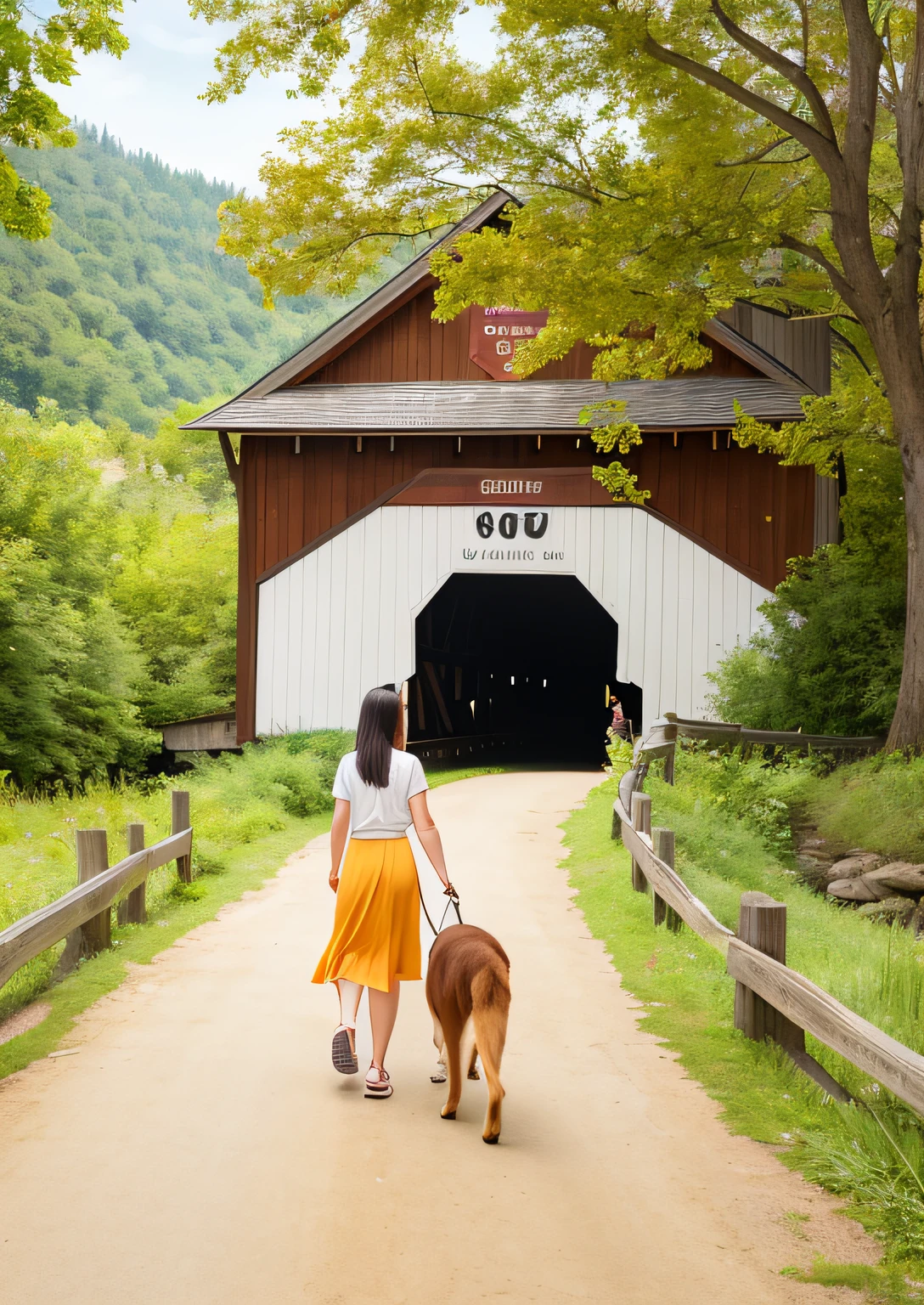 painting of a woman walking her dog on a path in front of a covered bridge, covered bridge, published art, colored illustration, colorful scene, color illustration, cover illustration, full color illustration, full color drawing, walking on an old wood bridge, colorfull illustration, beside the river, color drawing, an illustration, colorful illustration, illustrative art, childrens book illustration