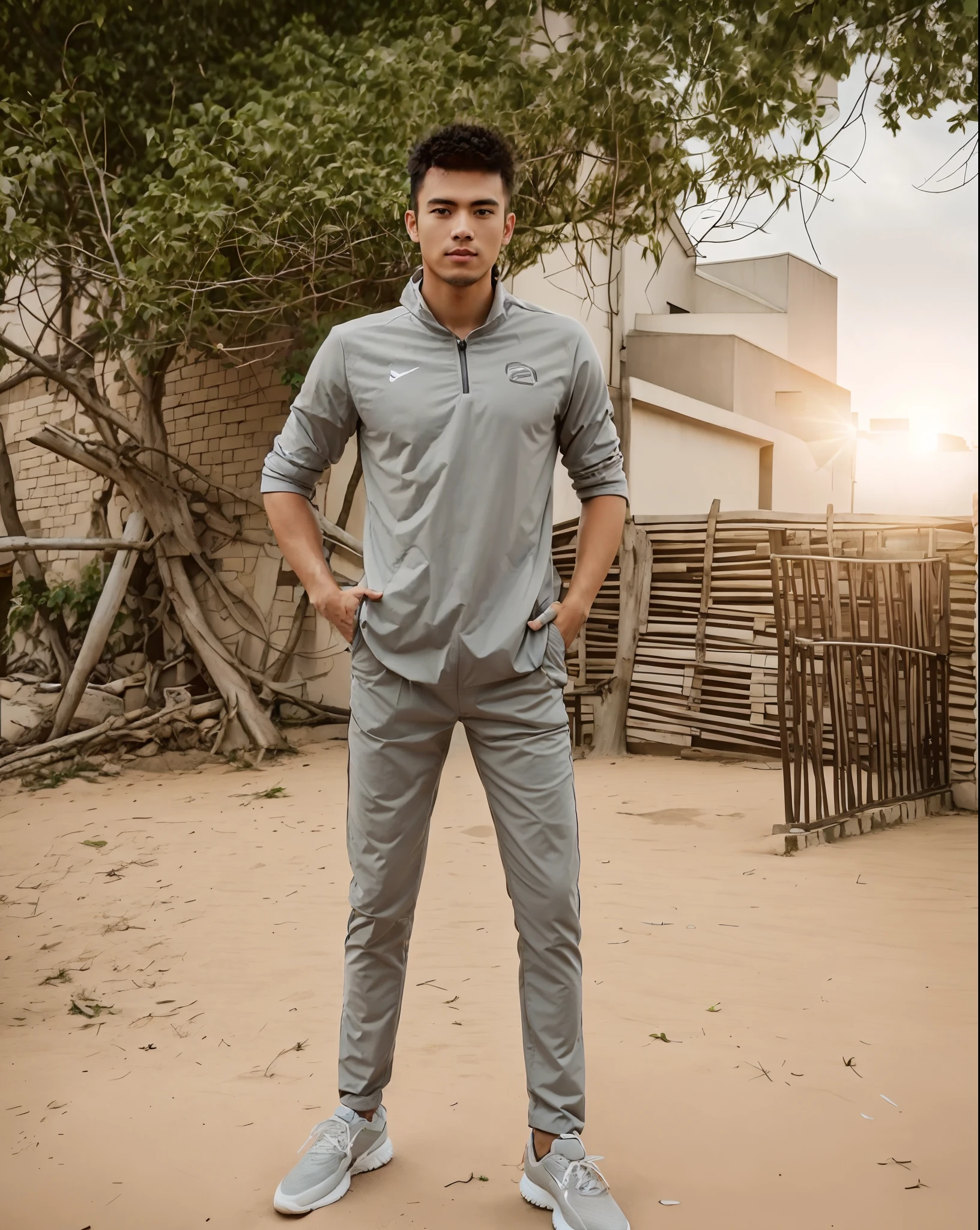 there is a man standing in front of a building with a tree, full body picture, full body model, stylish pose, distant full body view, full body photogenic shot, full body full height, fullbody, full body in camera, very artistic pose, wearing track and field suit, tracksuit, full body action pose, grey clothes, full body photograph