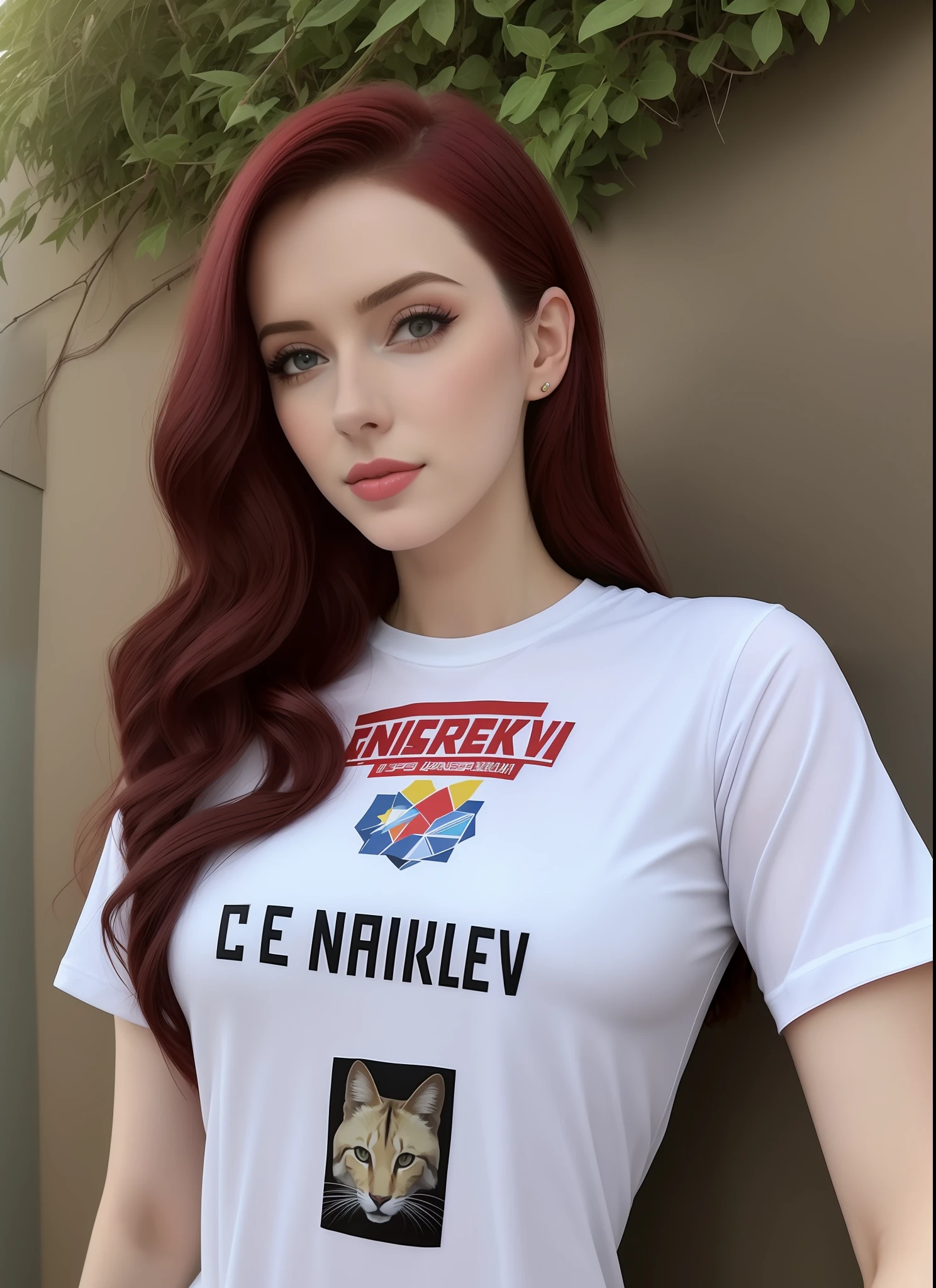 Lucy Pinder, ((VERY INTENSE MAKEUP)), lace, sexy woman, ((Chubby Woman)), red hair, long hair, bright lipstick, white t-shirt, nasa logo on t-shirt, pink shorts, smiling, Adele