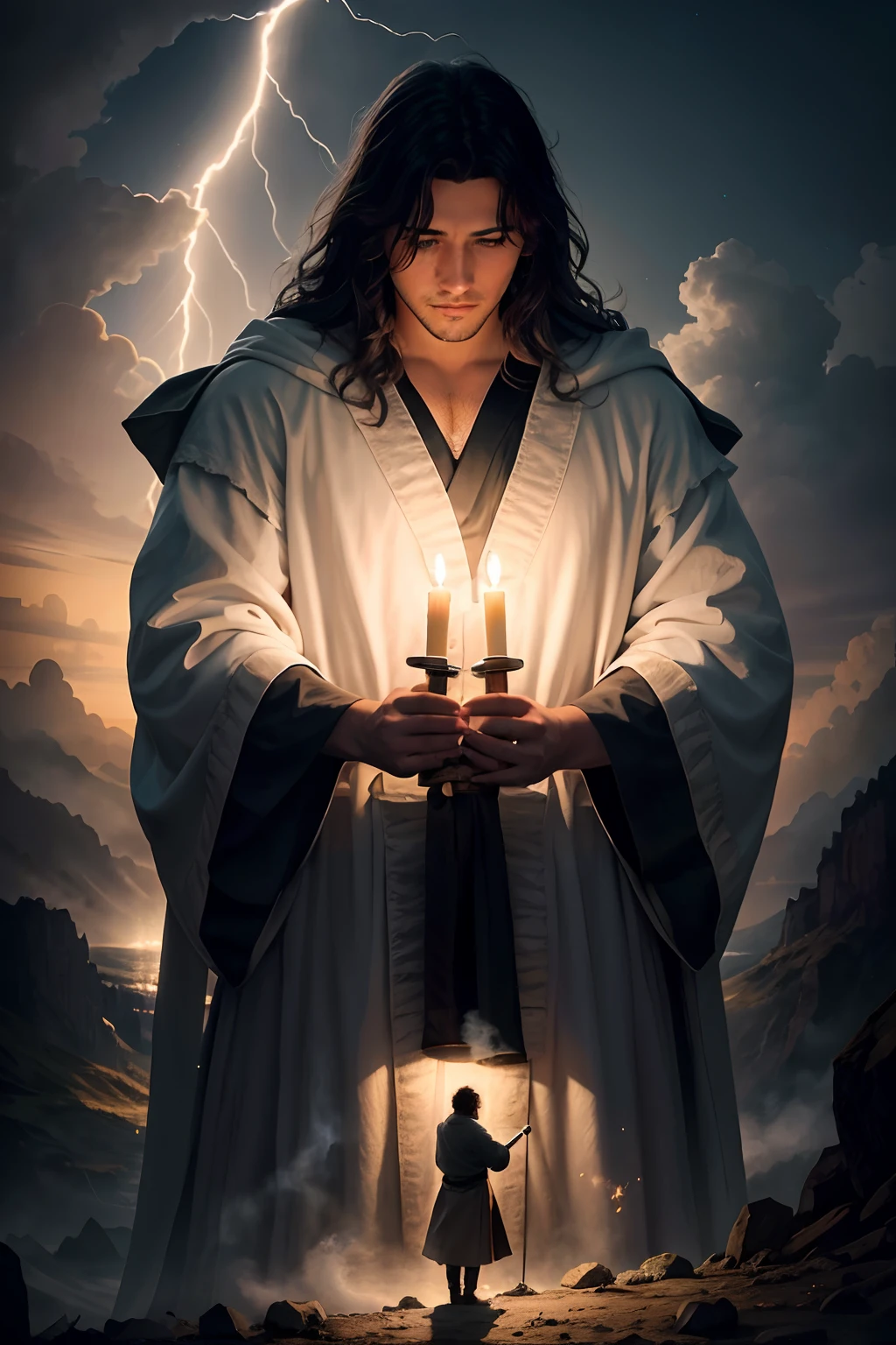 Image of a man holding a candle in his hands, foto de retrato de pintura fosca, He's casting illumination light, Senhor. dramatic lighting, arte chave, dramatic epic cinematic lighting, holy sword in his hands, personagem do cartaz do filme, Blessed Kaladin Storm, Directed by: Matthias Weischer, beautiful cinematic poster, cartaz oficial, capa de romance de fantasia para jovens adultos, expression of the face of peace, ((yahushua)).