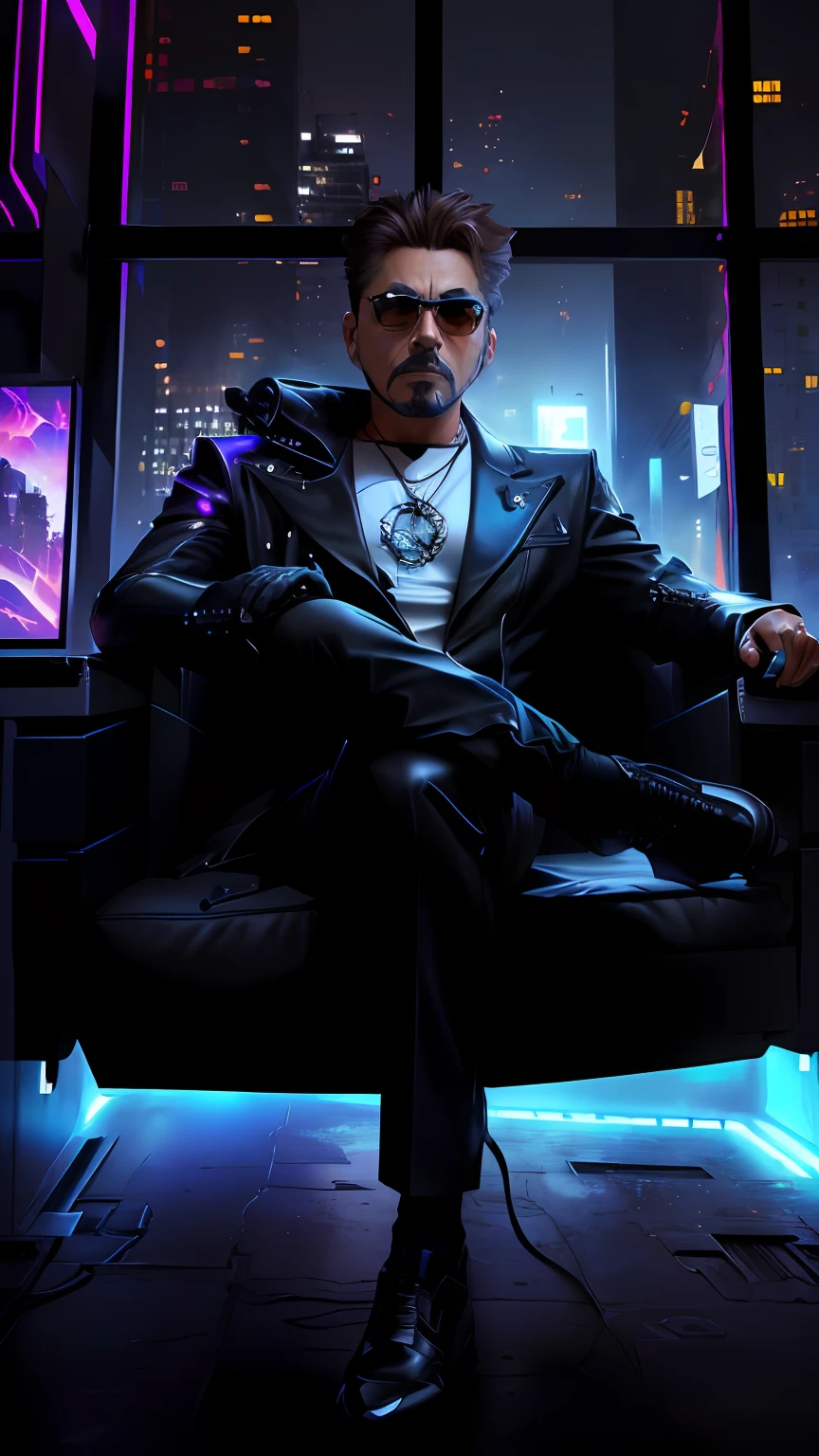 Tony Stark sentado em uma cadeira em frente a uma janela, Tecnologia batida. Neo Estilo Preto, Neo Estilo Preto, arte cyberpunk ultrarrealista 8k, Neo - Estilo Preto, Retrato deTony Stark, estilo de carbono alterado, no estilo cyberpunk, arte digital cyberpunk, epic and elegant portrait, personagem do cartaz do filme, hq 4k papel de parede