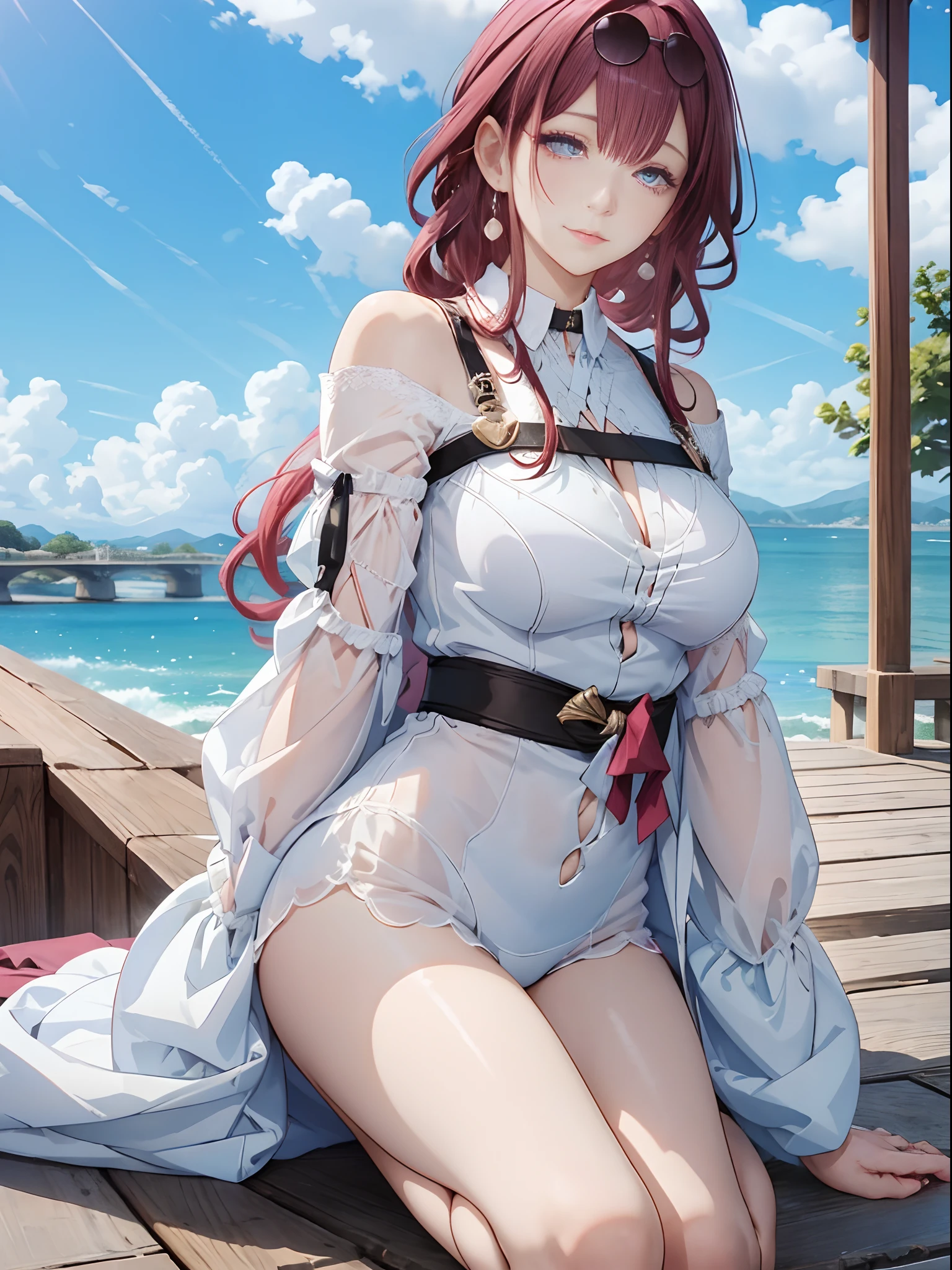 (masterpiece), (Top quality anime illustrations), (Super Definition), Emphasize cleavage, Underbust, Thigh Emphasis, White and peach striped bikini,Red Hair、1 person、vulgarly open one&#39;s thigh-shaped legs、Squatting and spreading your legs、Stick out your crotch、Put your hands on your crotch、Raise your arms、Show your armpits、The whole body becomes steamy、Sweaty、hot、Grinning smile、Drooling