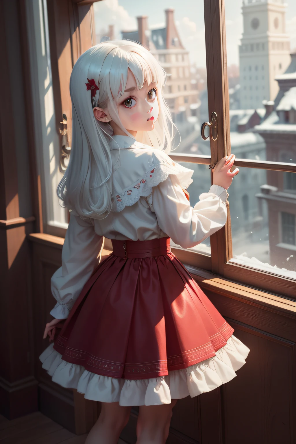 8K, Super detail, ccurate, Best quality, Masterpiece, Super detail, High details, High quality, Best quality, A high resolution,The composition of the characters is small,1girll,Facing the audience,The character looks out the window,White color hair,Red skirt