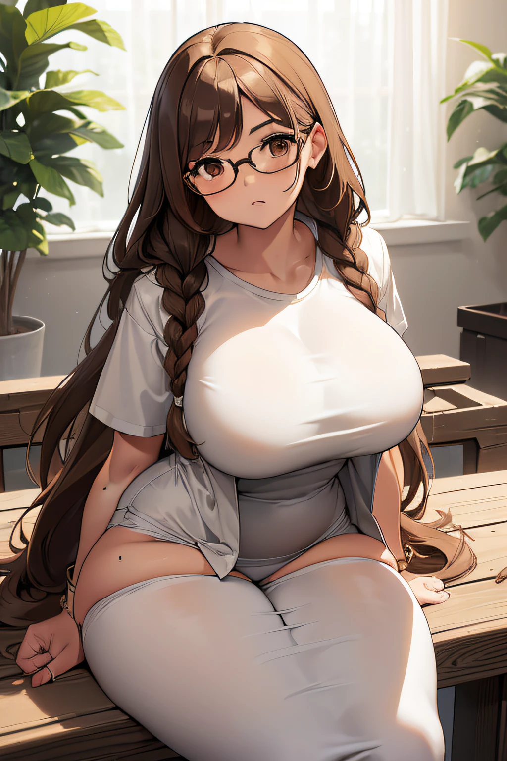 ((tetas enormes)),grande,((caderas anchas)),((Chica blanca)),((brown long hair)),((brown eyes)),((trenzas de cabello)),((thicc thights)),((gafas)),Milf,((camiseta blanca)),((jean largo negro)),zapatos blancos,((White doctor's coat))